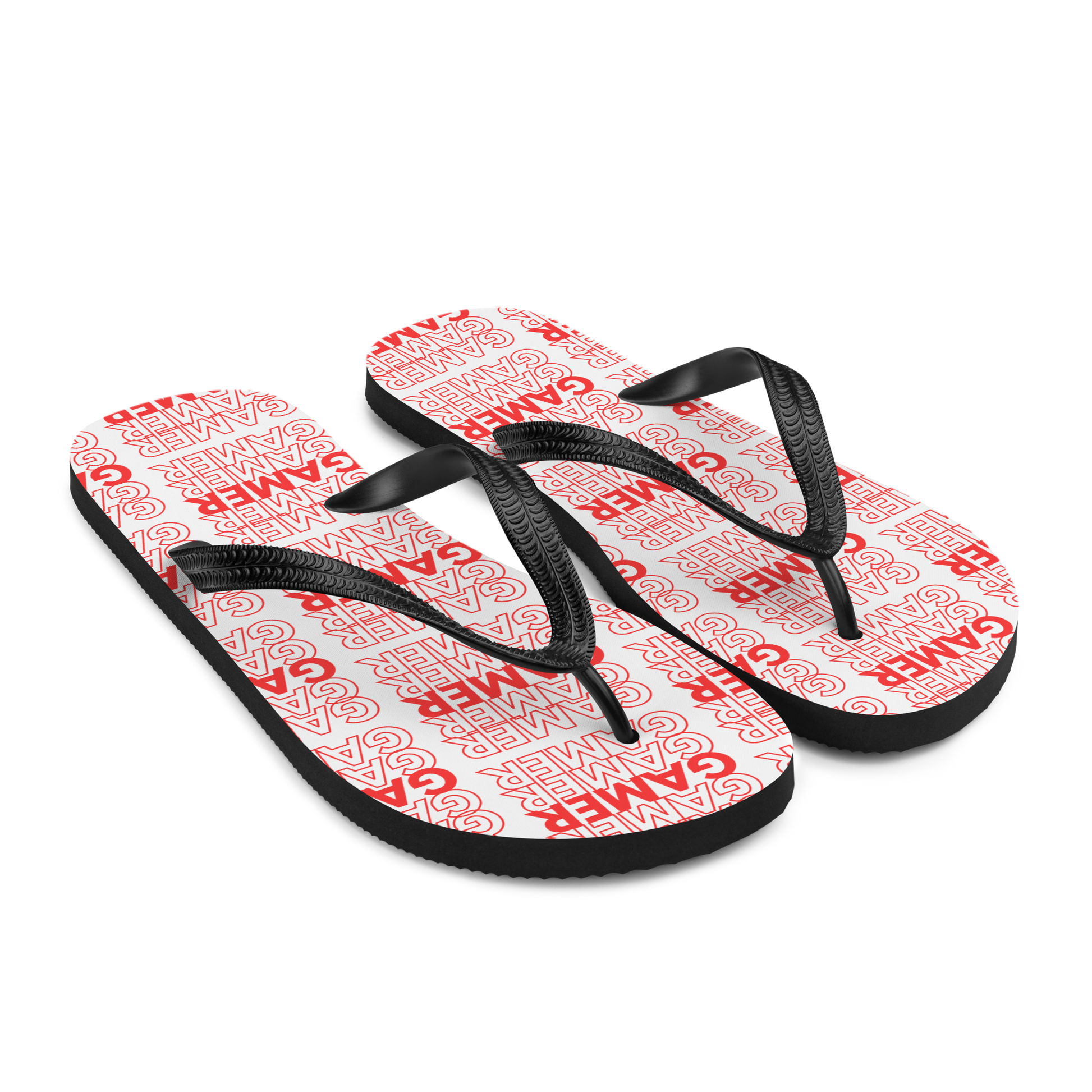 Gamer Repeat logo on Flip-Flops white foot bed black base and black straps