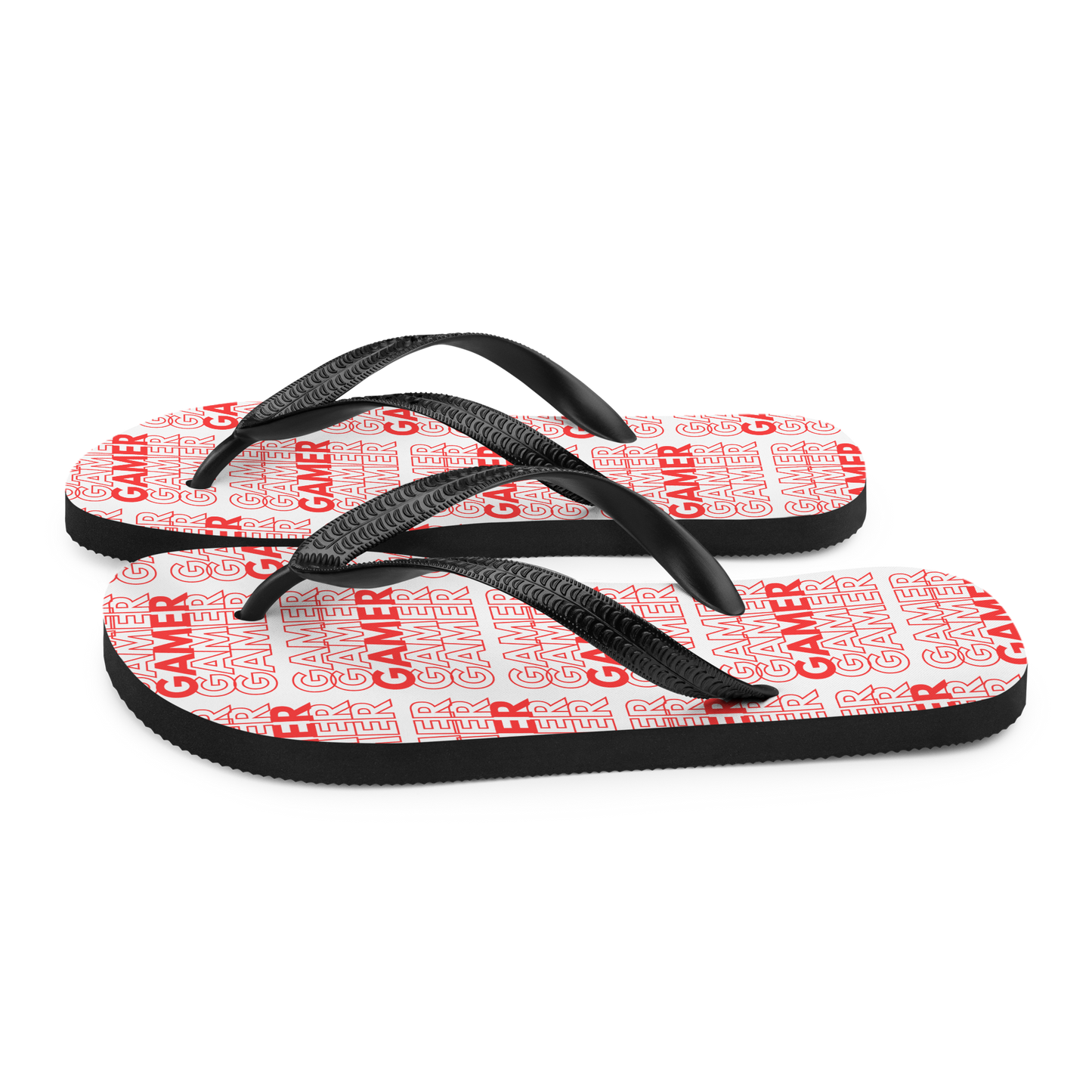 Gamer Repeat logo on Flip-Flops white foot bed black base and black straps