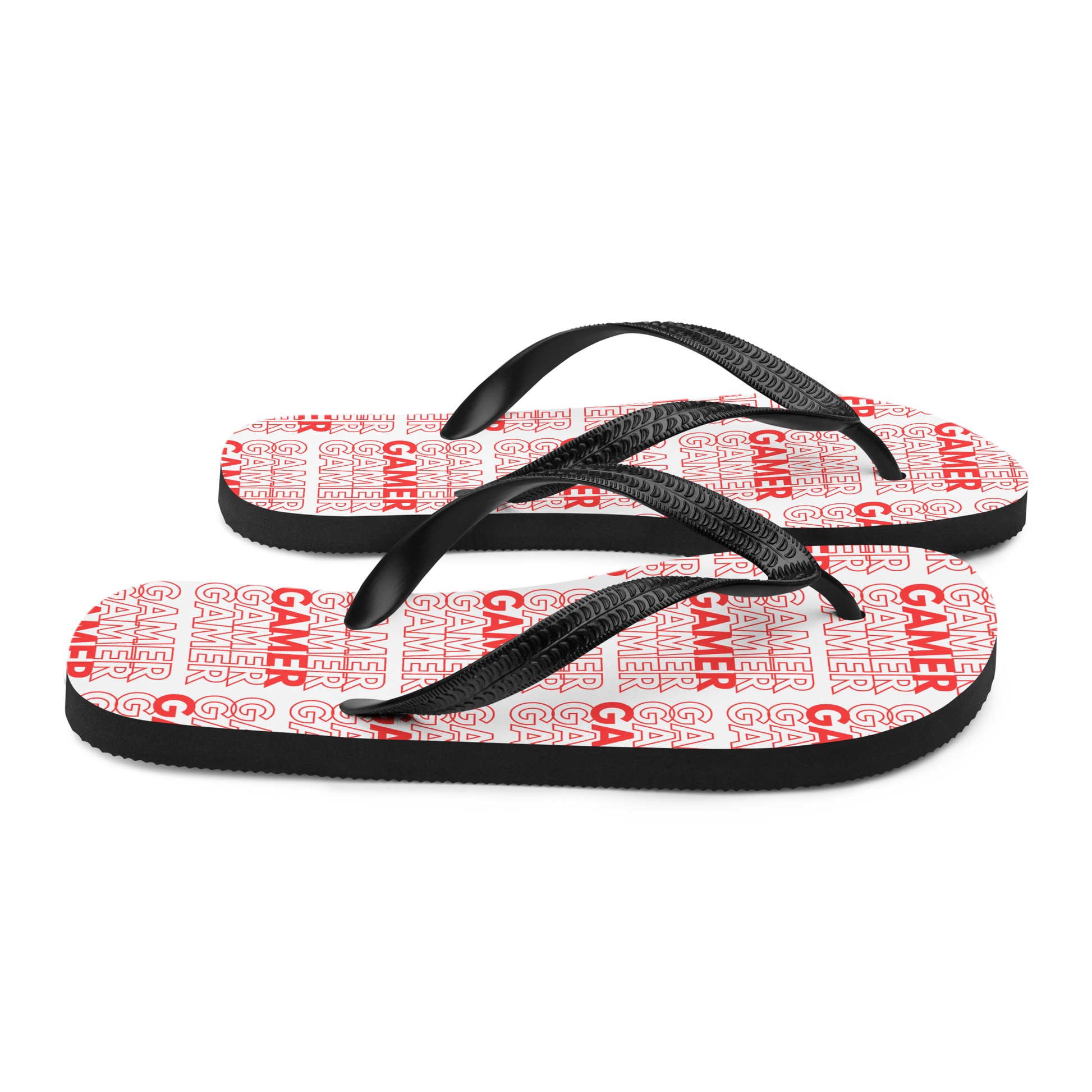 Gamer Repeat logo on Flip-Flops white foot bed black base and black straps