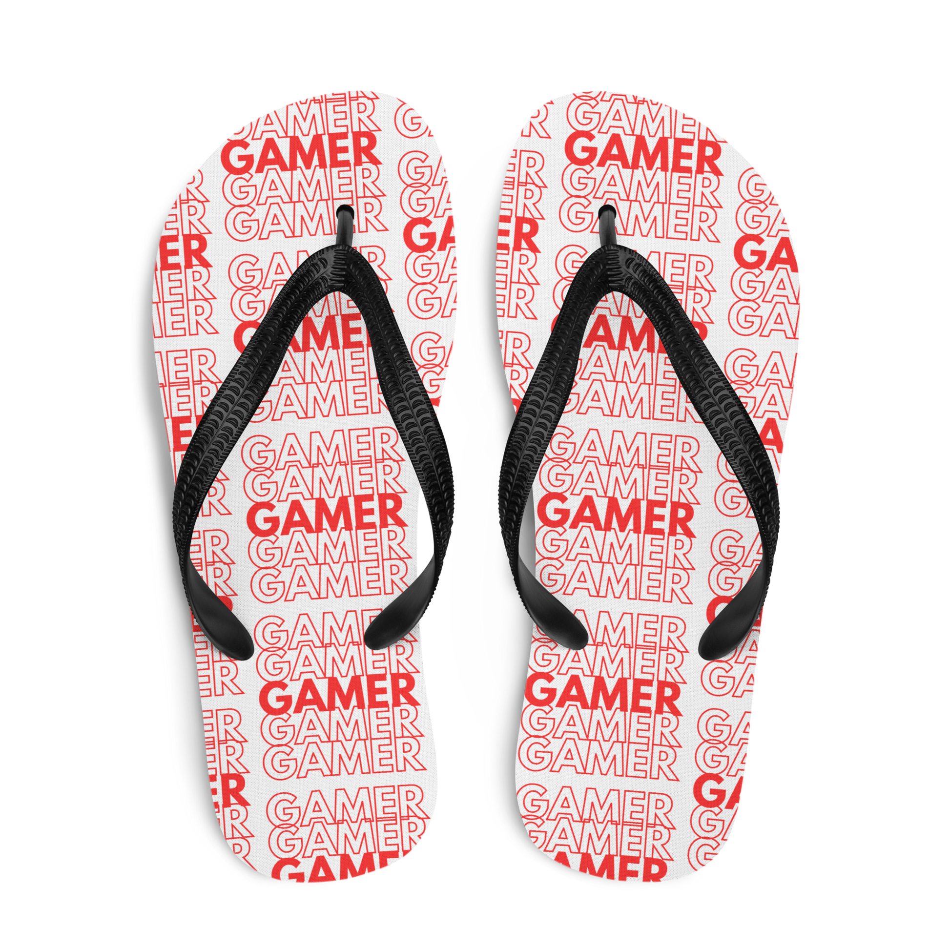 Gamer Repeat logo on Flip-Flops white foot bed black base and black straps