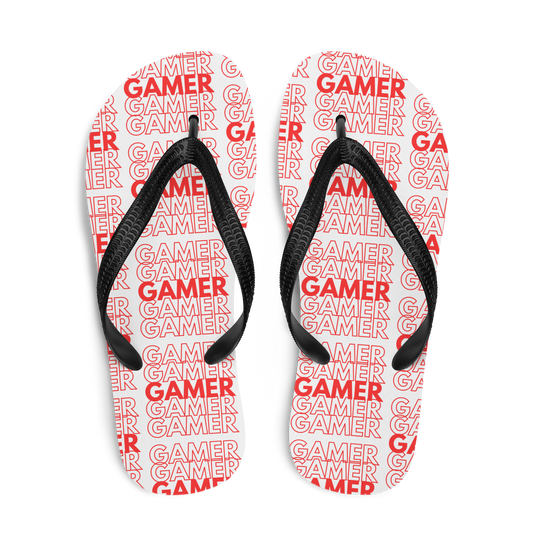 Gamer Repeat logo on Flip-Flops white foot bed black base and black straps