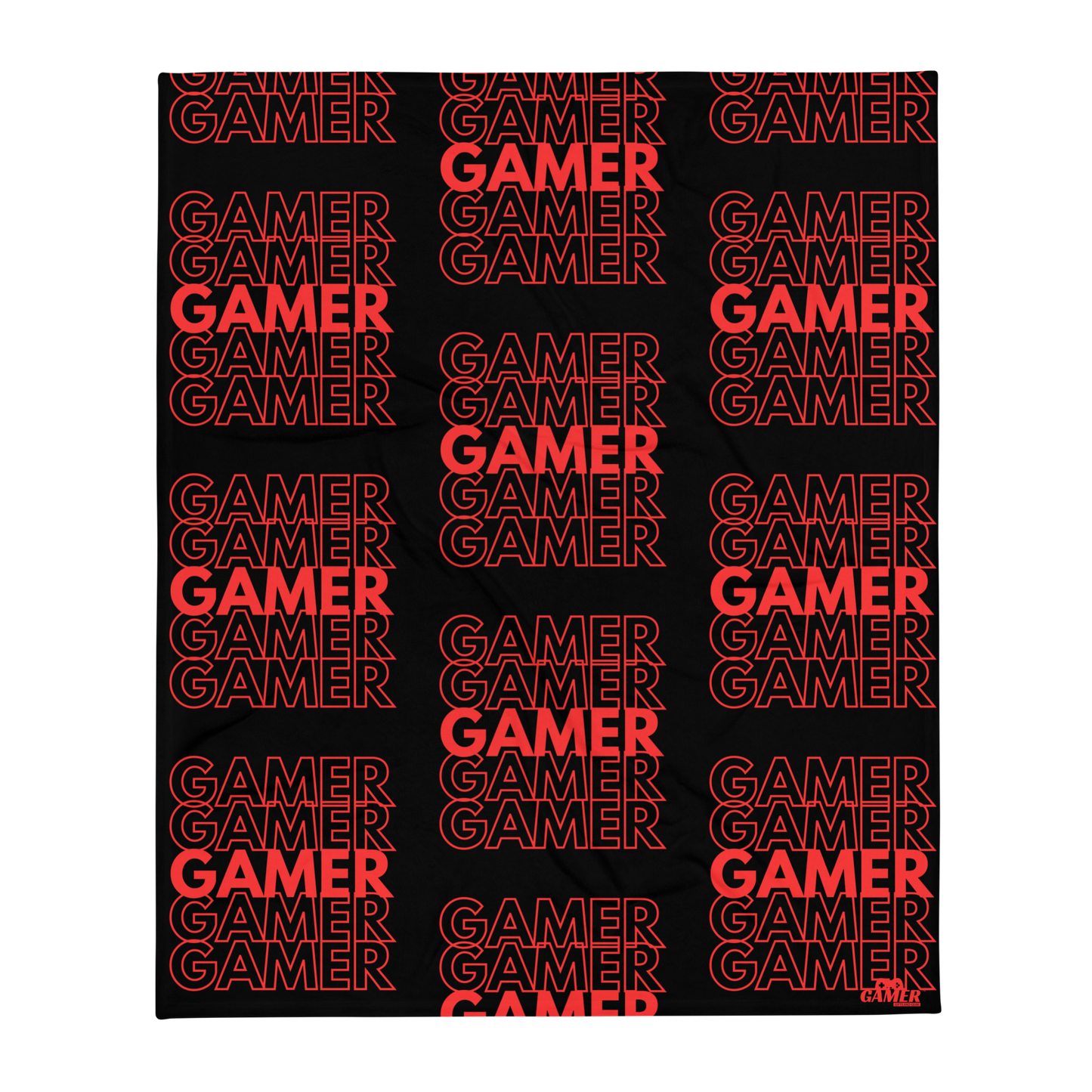 Gamer repeated 5 times logo repeated on black throw blanket