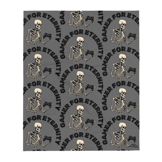 Repeated Gamer For Eternity logo on grey throw blanket