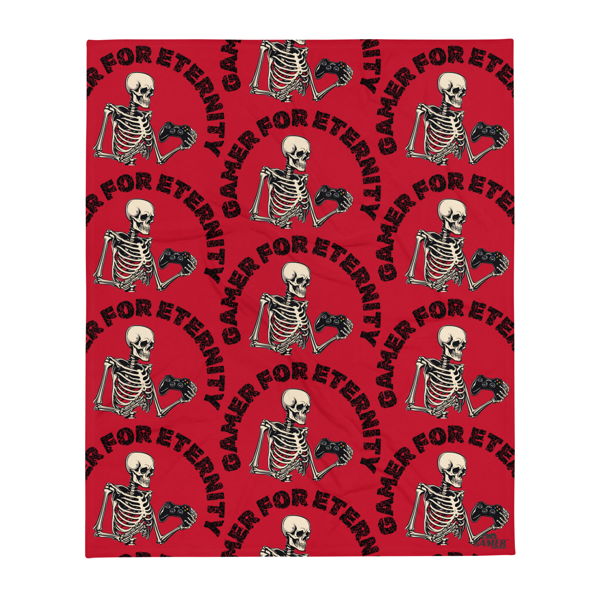 Repeated Gamer For Eternity logo on red throw blanket