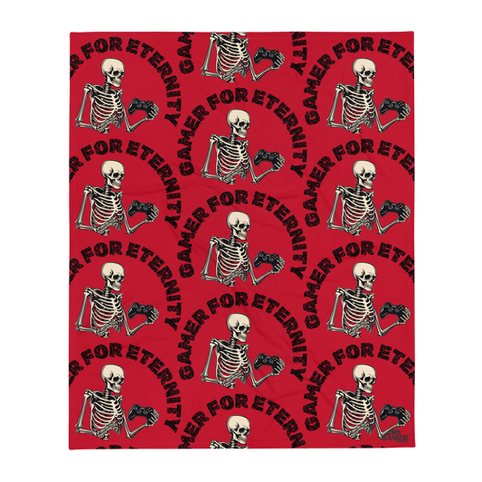 Repeated Gamer For Eternity logo on red throw blanket