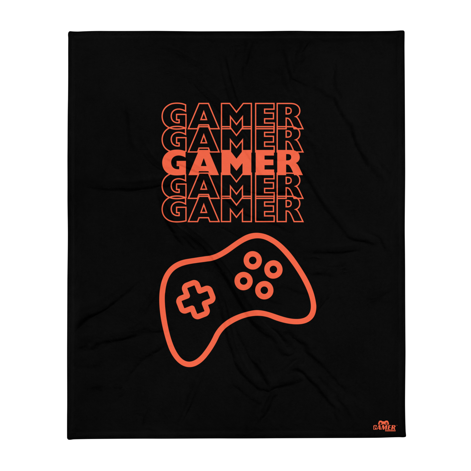 Gamer repeated 5 times in orange with an orange game controller logo on  Black blanket