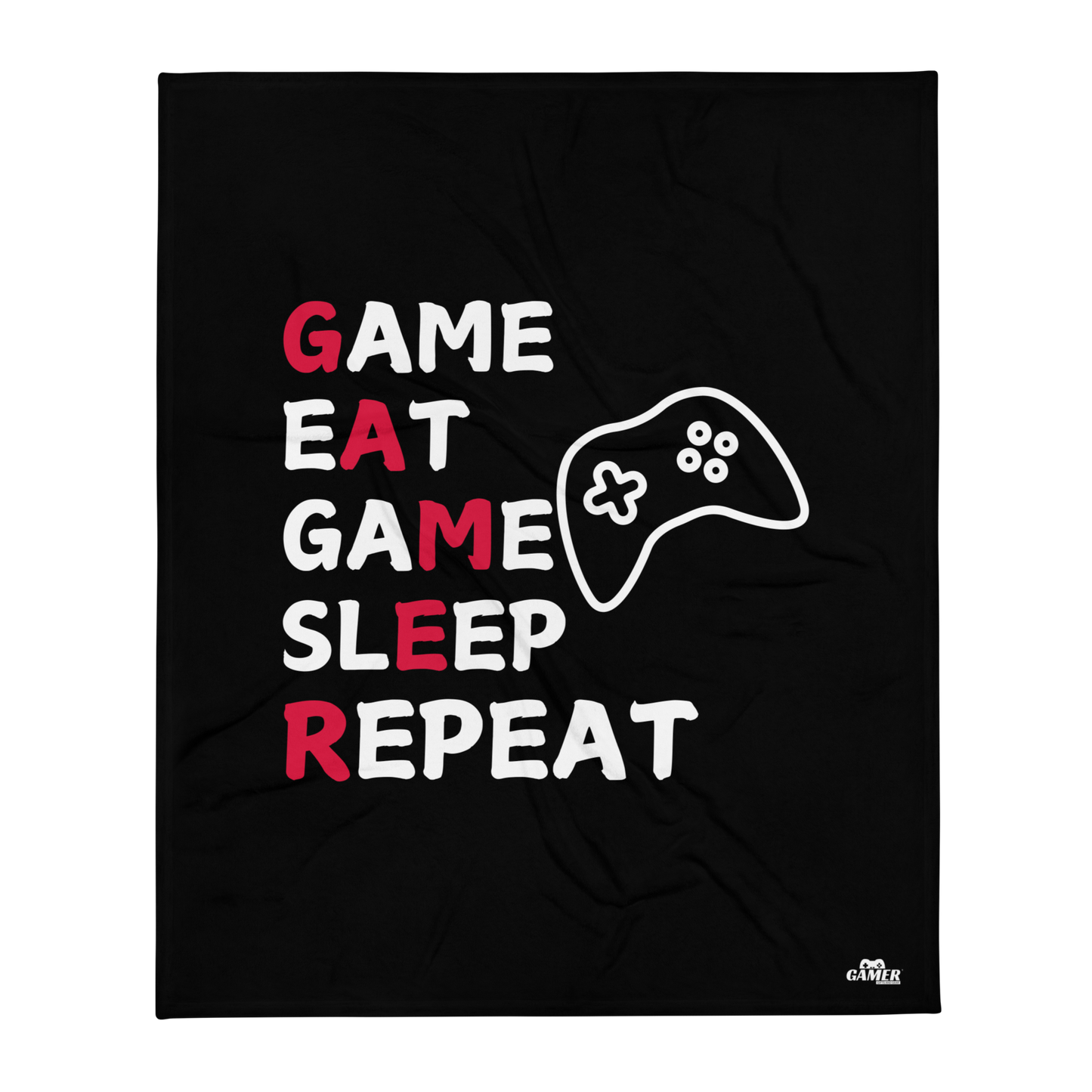 Game, Eat, Sleep Repeat Logo on a white mug with black throw blanket