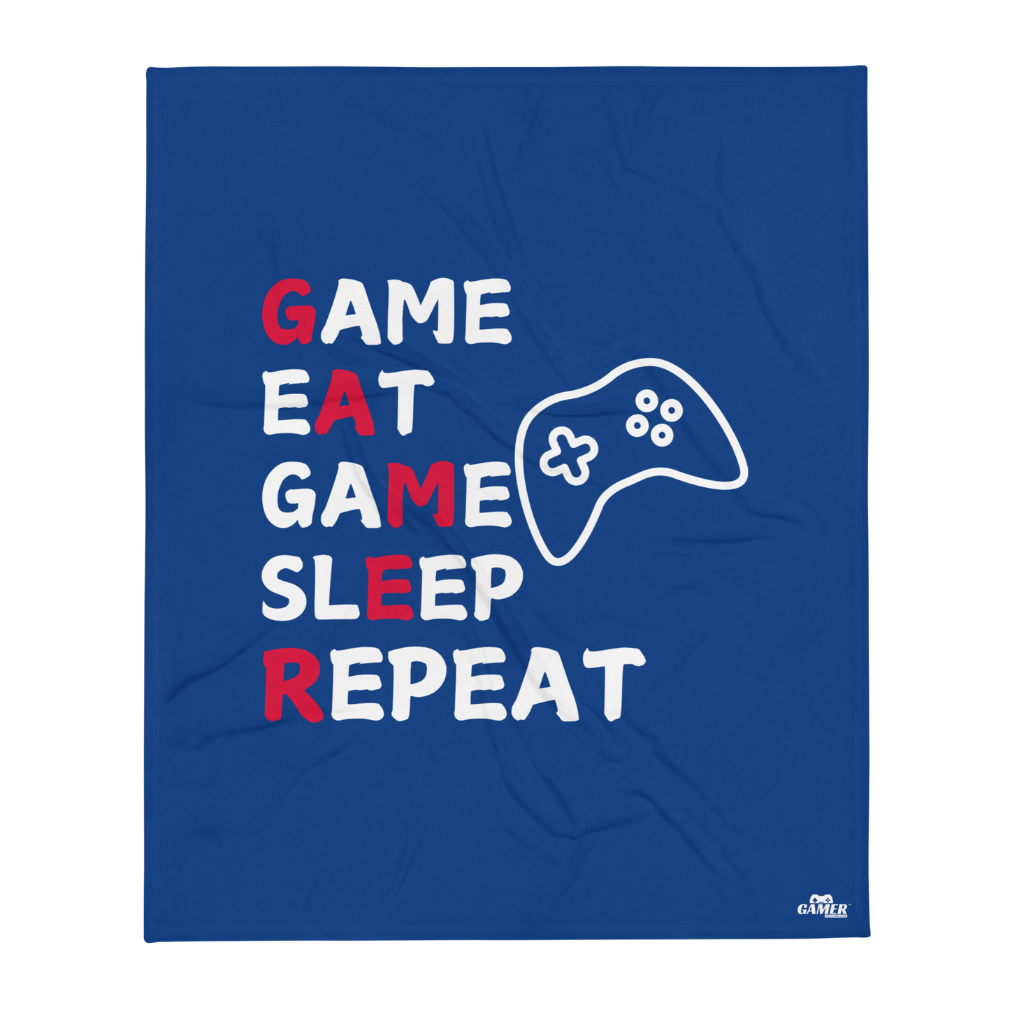 Game Eat Game Sleep Repeat wording and black game controller logo on blue throw blanket