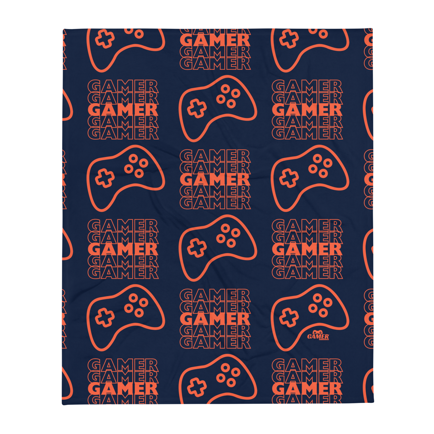 Blue blanket with the word Gamer repeated 5 times in orange with an orange game controller - all in a repeated pattern, with small orange Gamer Gifts and Gear logo