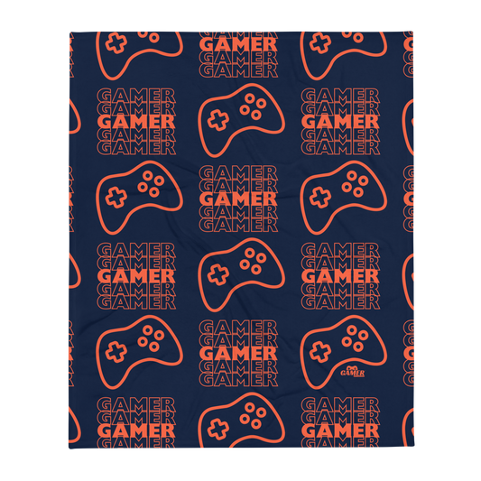 Blue blanket with the word Gamer repeated 5 times in orange with an orange game controller - all in a repeated pattern, with small orange Gamer Gifts and Gear logo