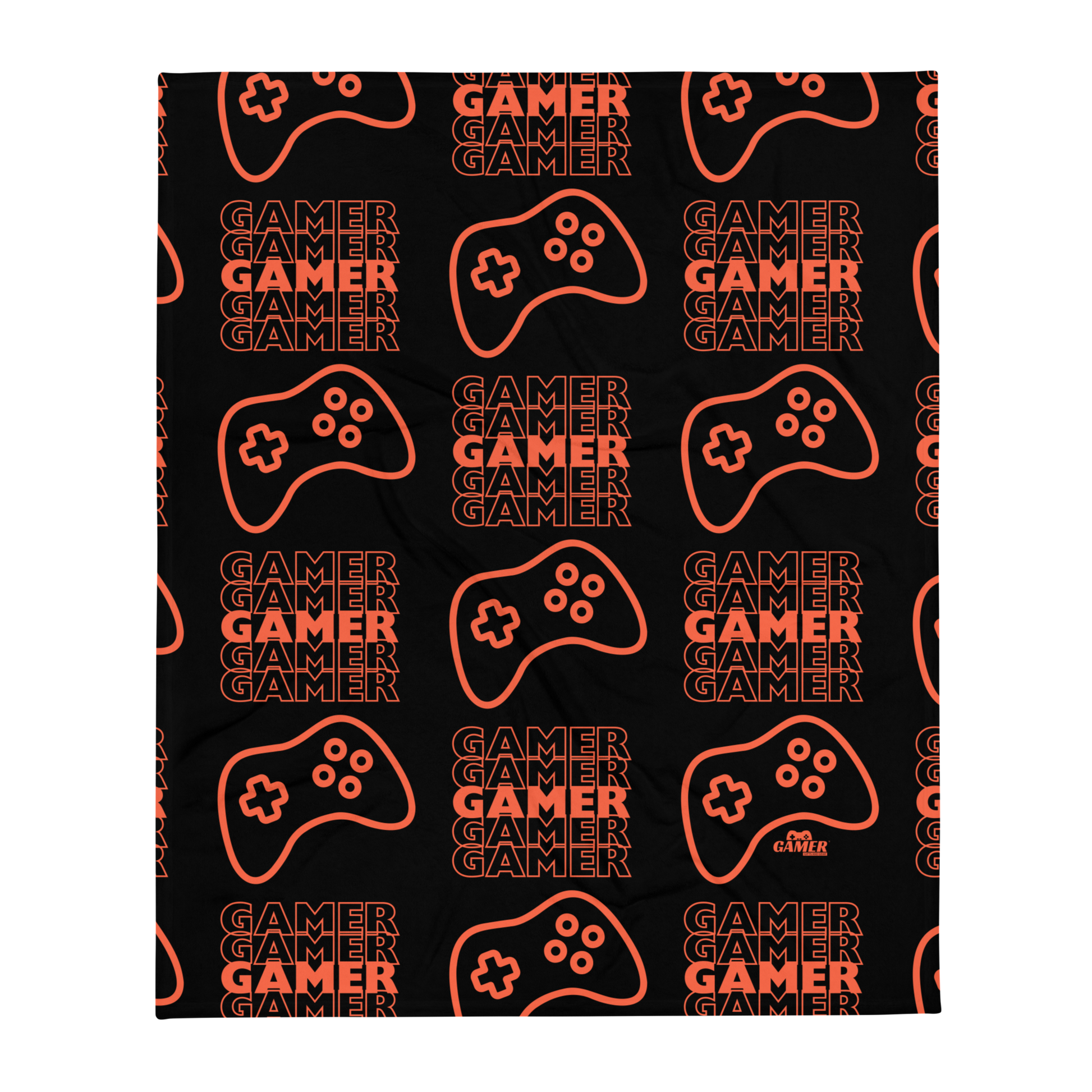 Black blanket with the word Gamer repeated 5 times in orange with an orange game controller - all in a repeated pattern, with small orange Gamer Gifts and Gear logo