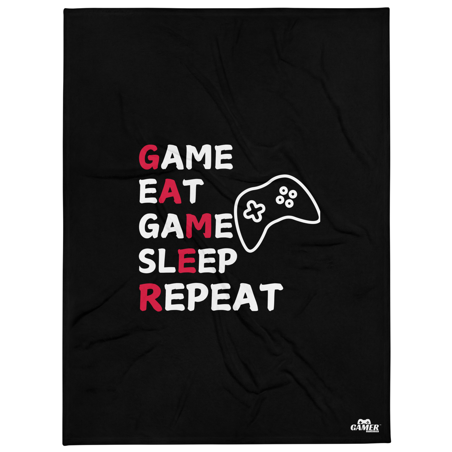 Game, Eat, Sleep Repeat Logo on a white mug with black throw blanket