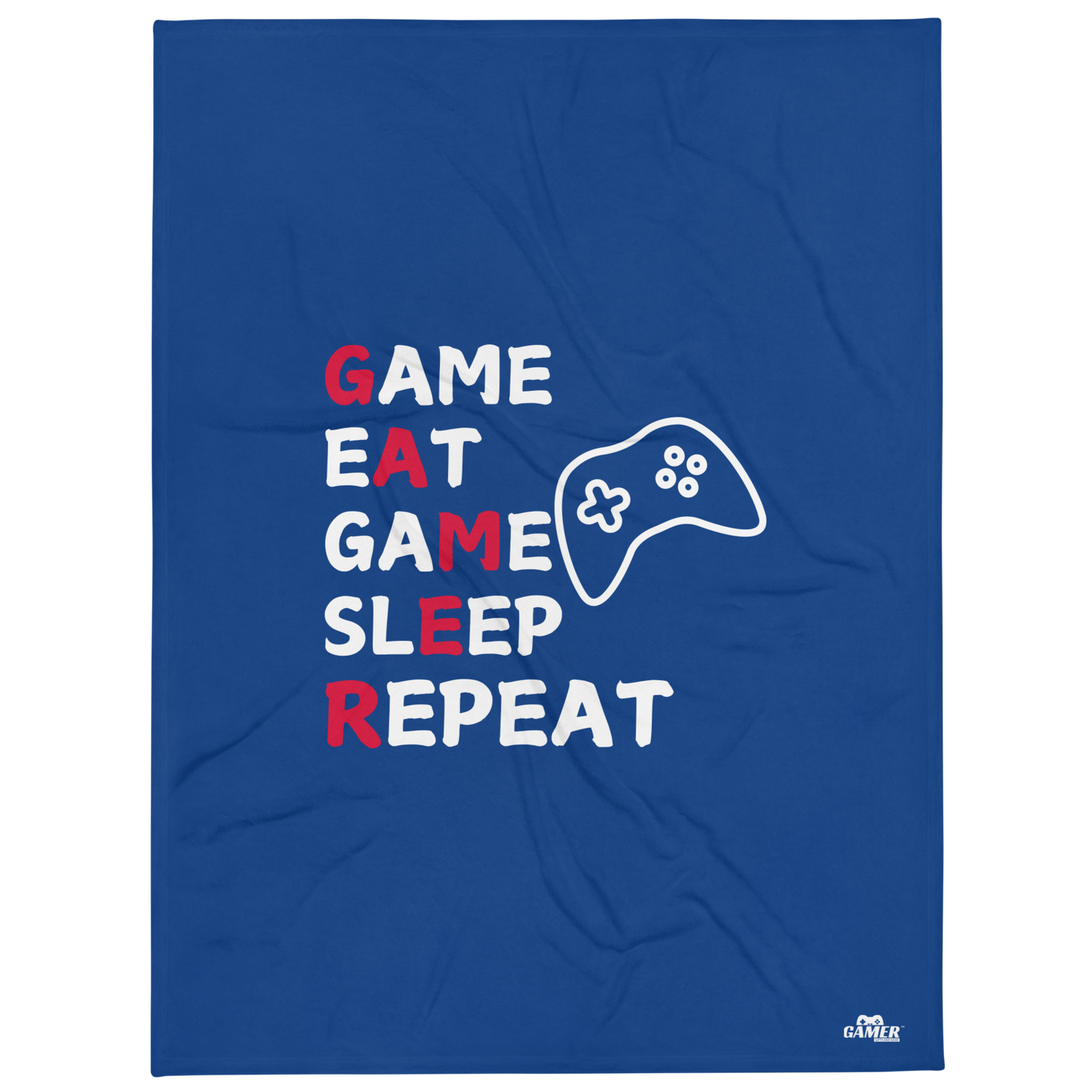 Game Eat Game Sleep Repeat wording and black game controller logo on blue throw blanket