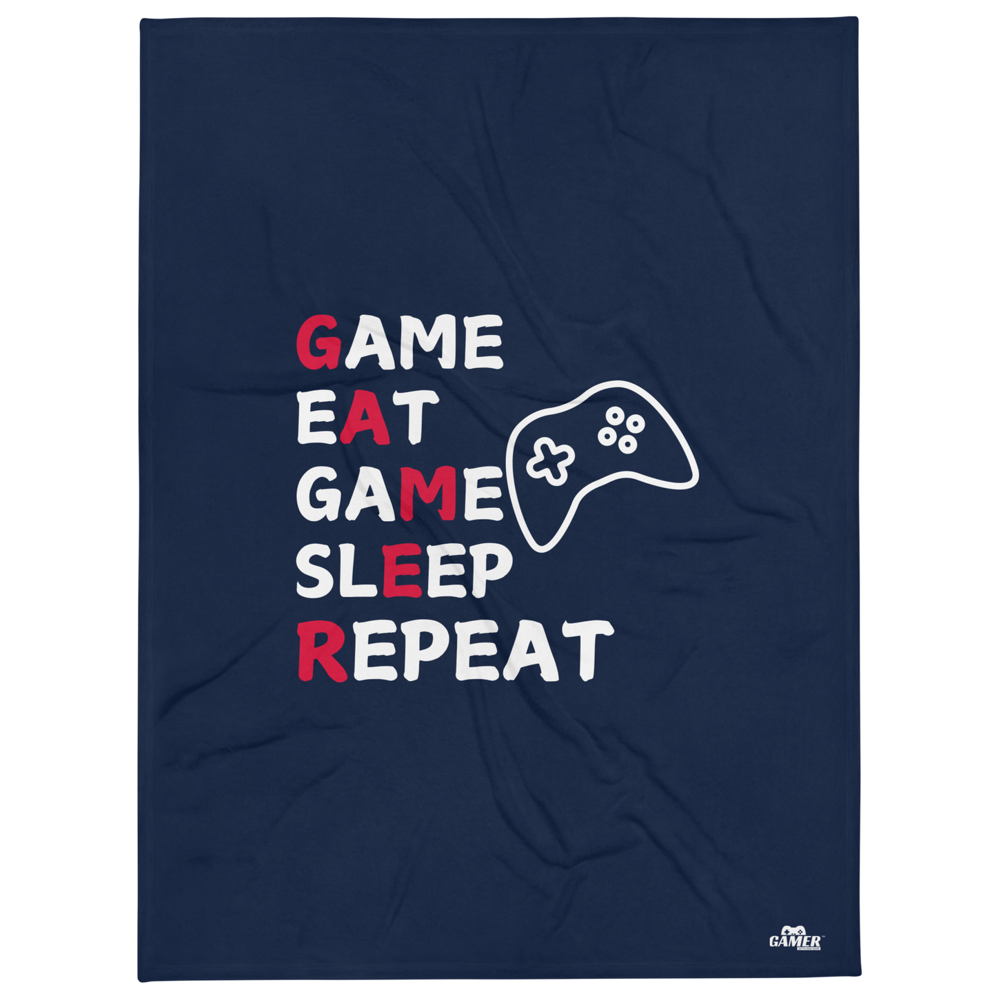 Game Eat Game Sleep Repeat wording and black game controller logo on blue throw blanket