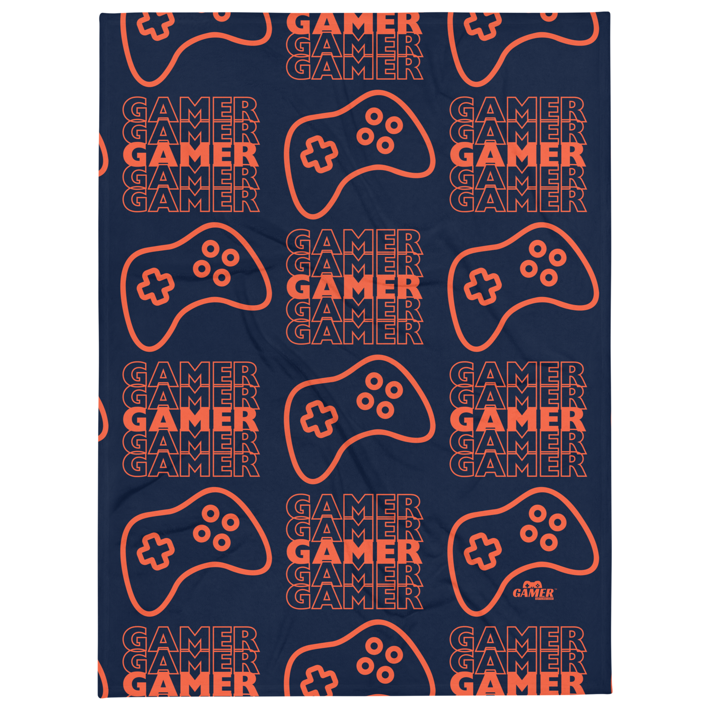 Blue blanket with the word Gamer repeated 5 times in orange with an orange game controller - all in a repeated pattern, with small orange Gamer Gifts and Gear logo