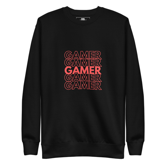 Gamer repeated 5 times logo on Black unisex premium sweatshirt