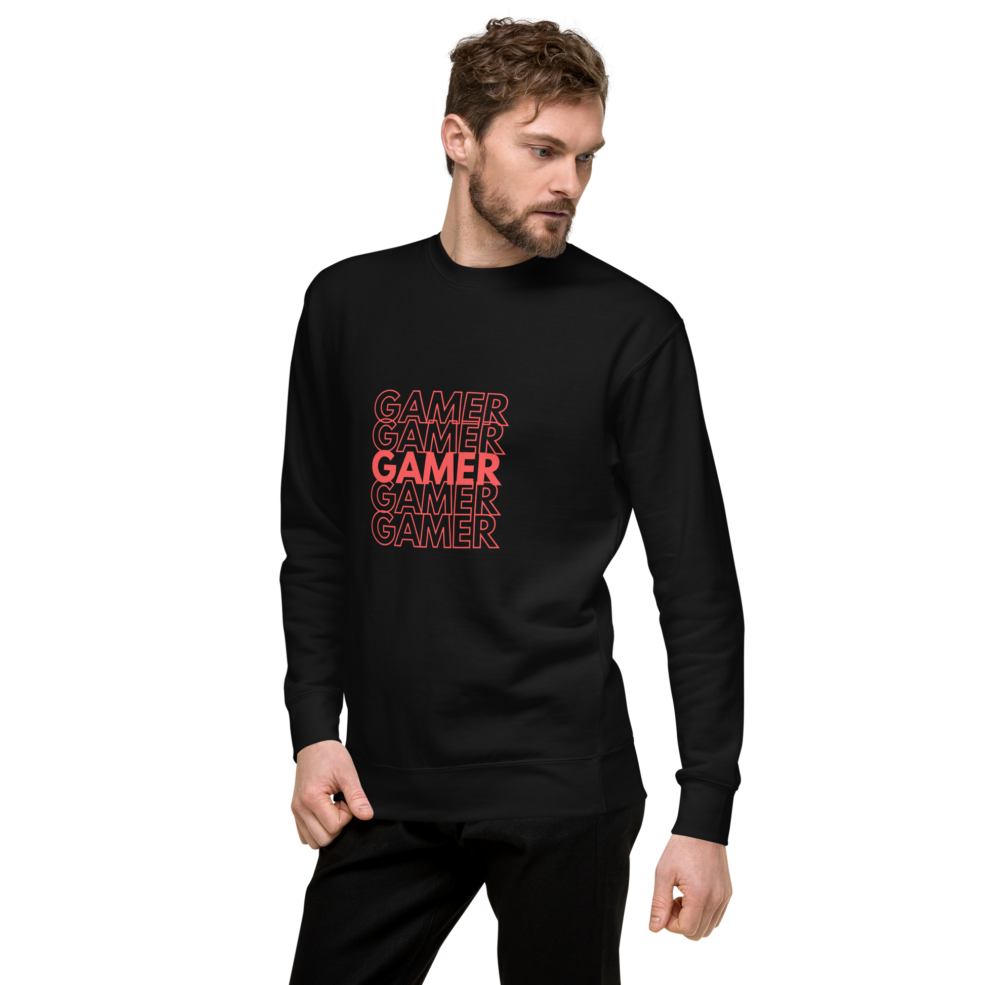 Gamer repeated 5 times logo on Black unisex premium sweatshirt