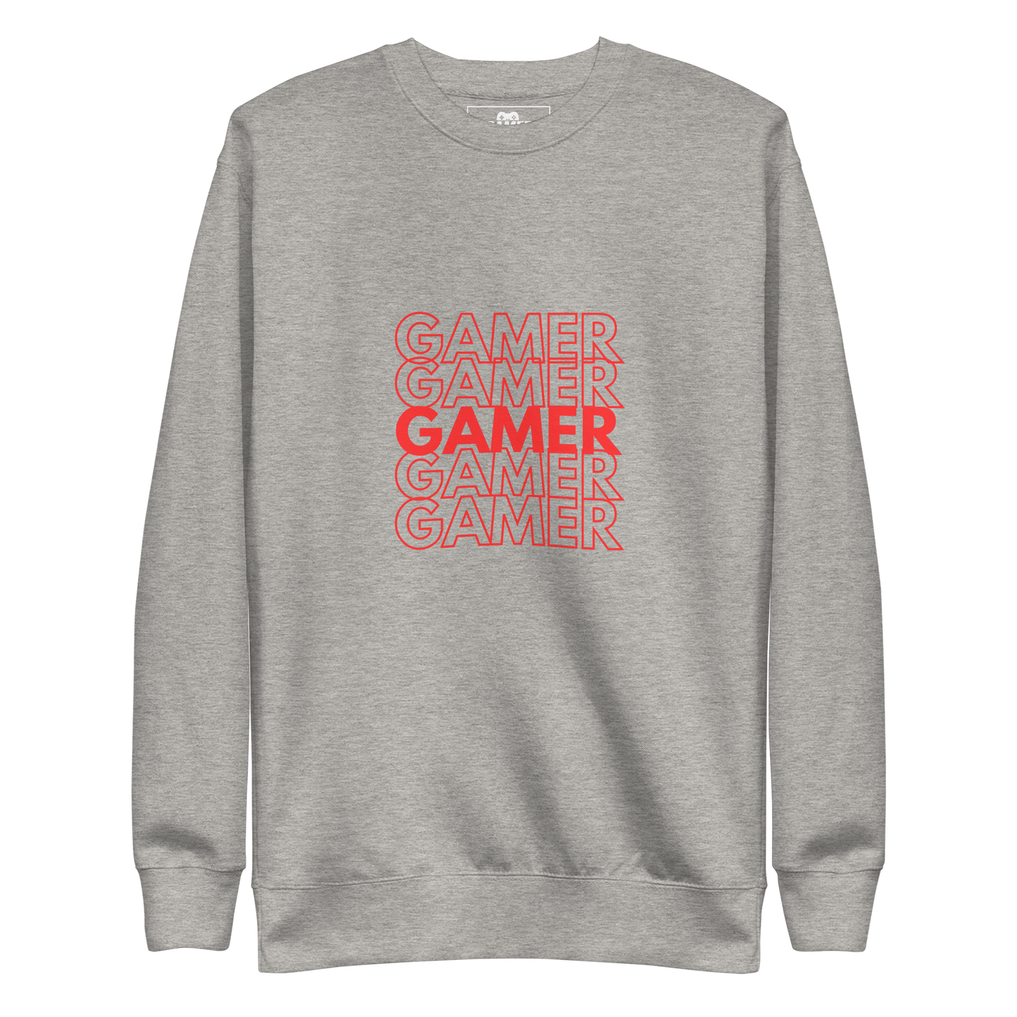 Gamer repeated 5 times logo on Carbon Grey unisex premium sweatshirt