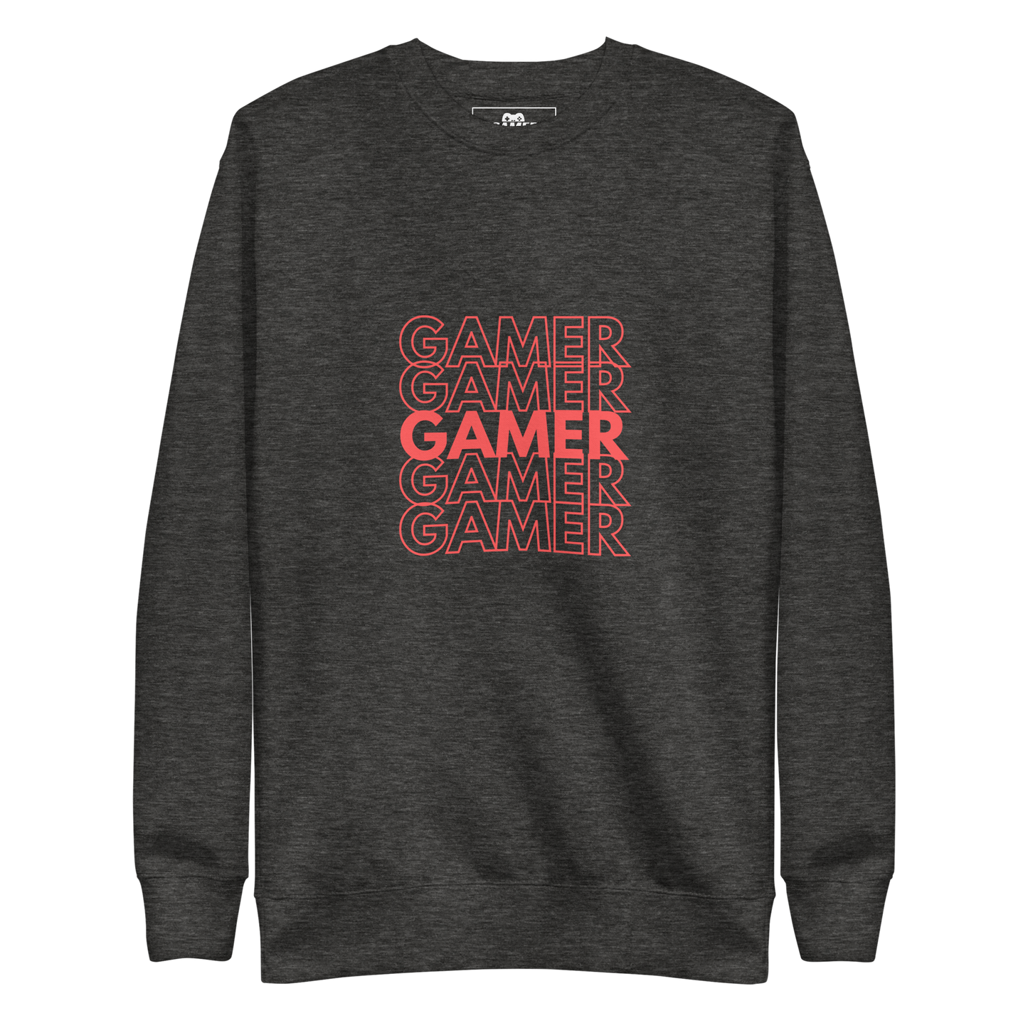 Gamer repeated 5 times logo on Charoal Heather unisex premium sweatshirt