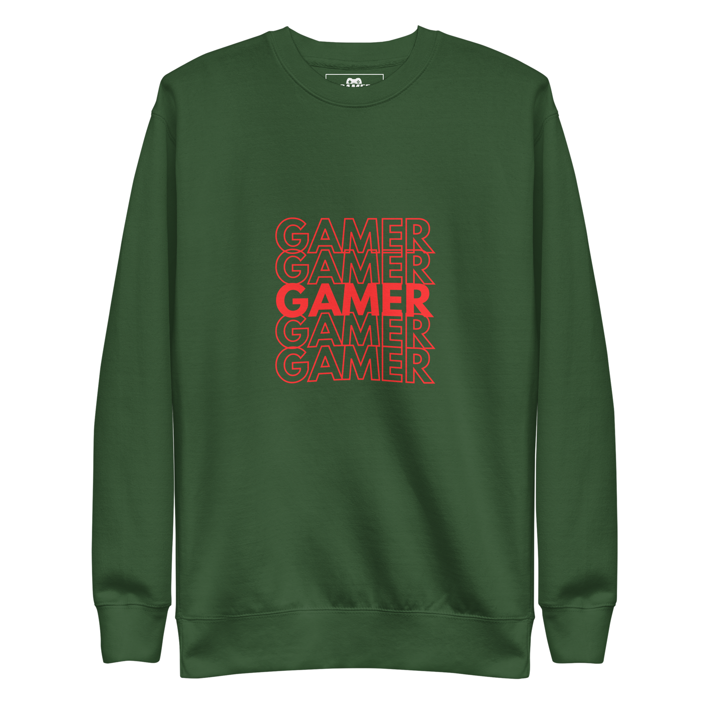 Gamer repeated 5 times logo on Forest Green unisex premium sweatshirt