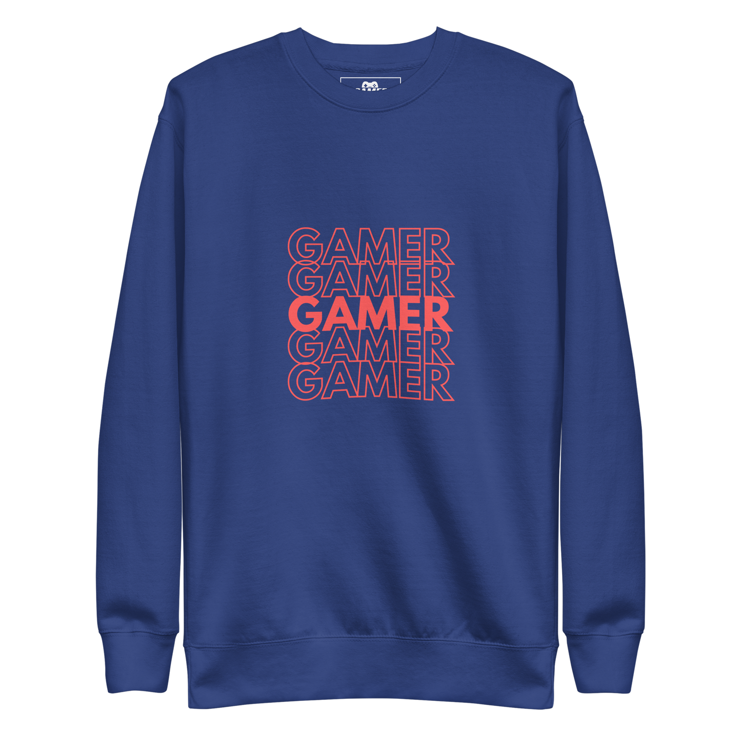 Gamer repeated 5 times logo on Team Royal unisex premium sweatshirt