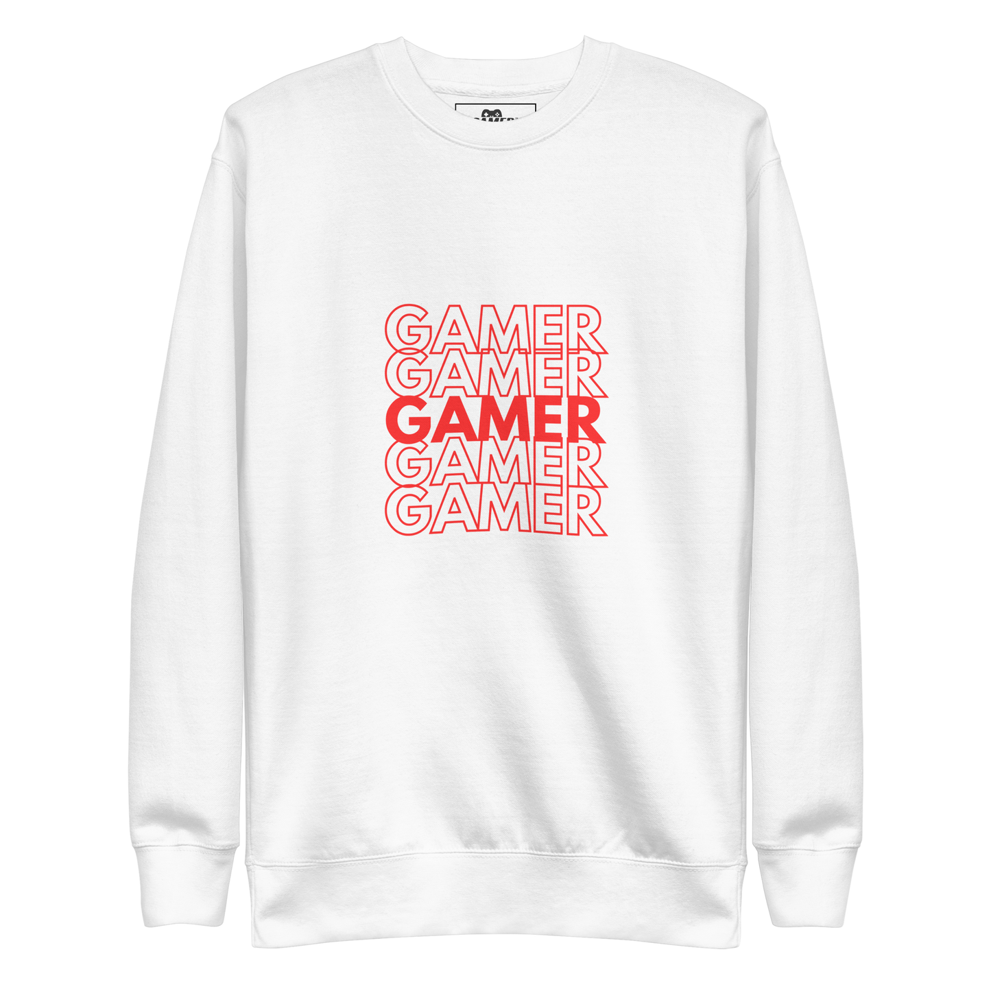 Gamer repeated 5 times logo on White unisex premium sweatshirt