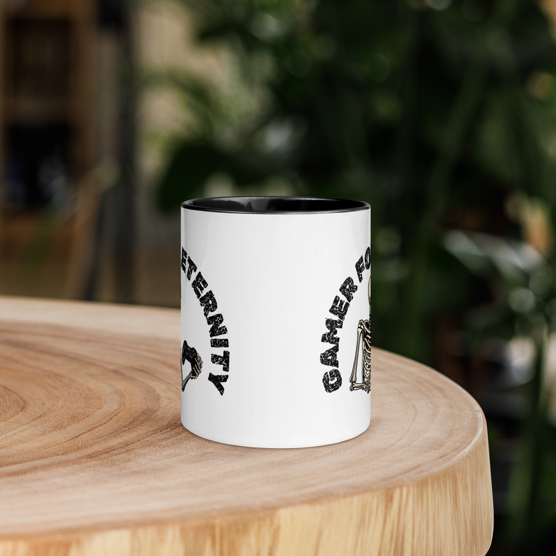 Skeleton Gamer for Eternity Logo on a White Mug with Black handle and Black inside