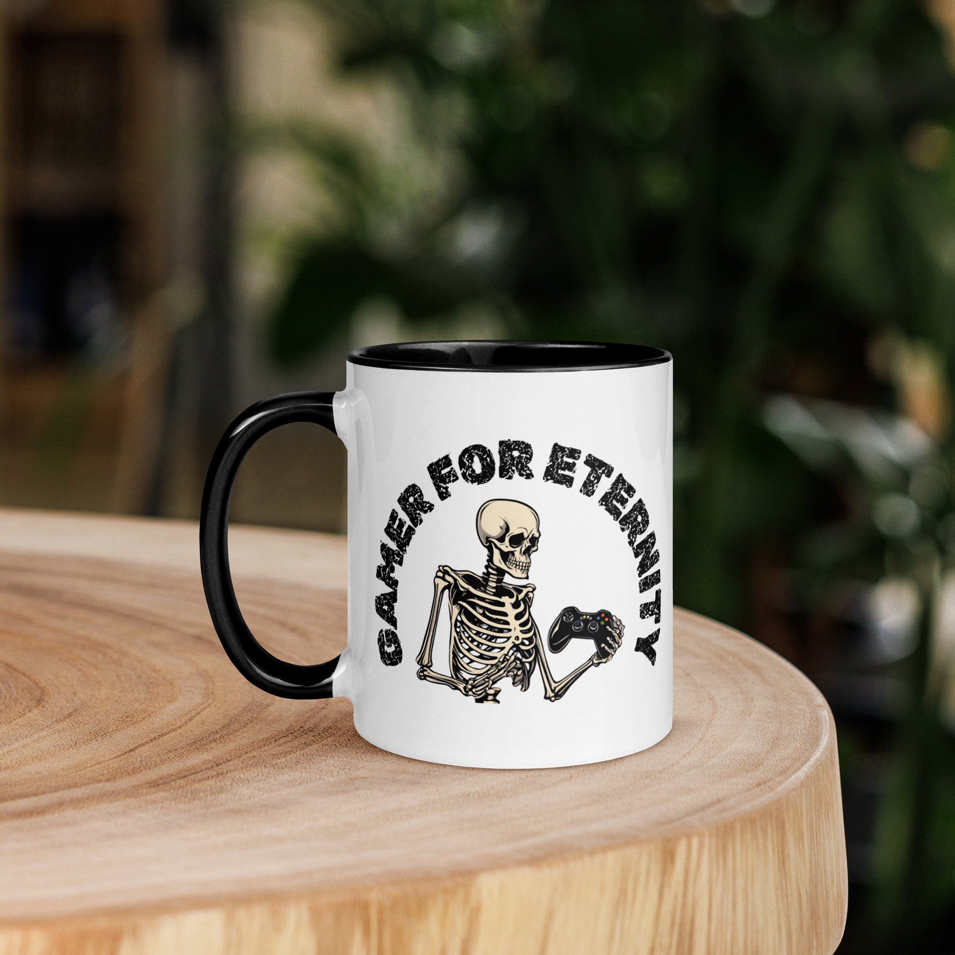 Skeleton Gamer for Eternity Logo on a White Mug with Black handle and Black inside