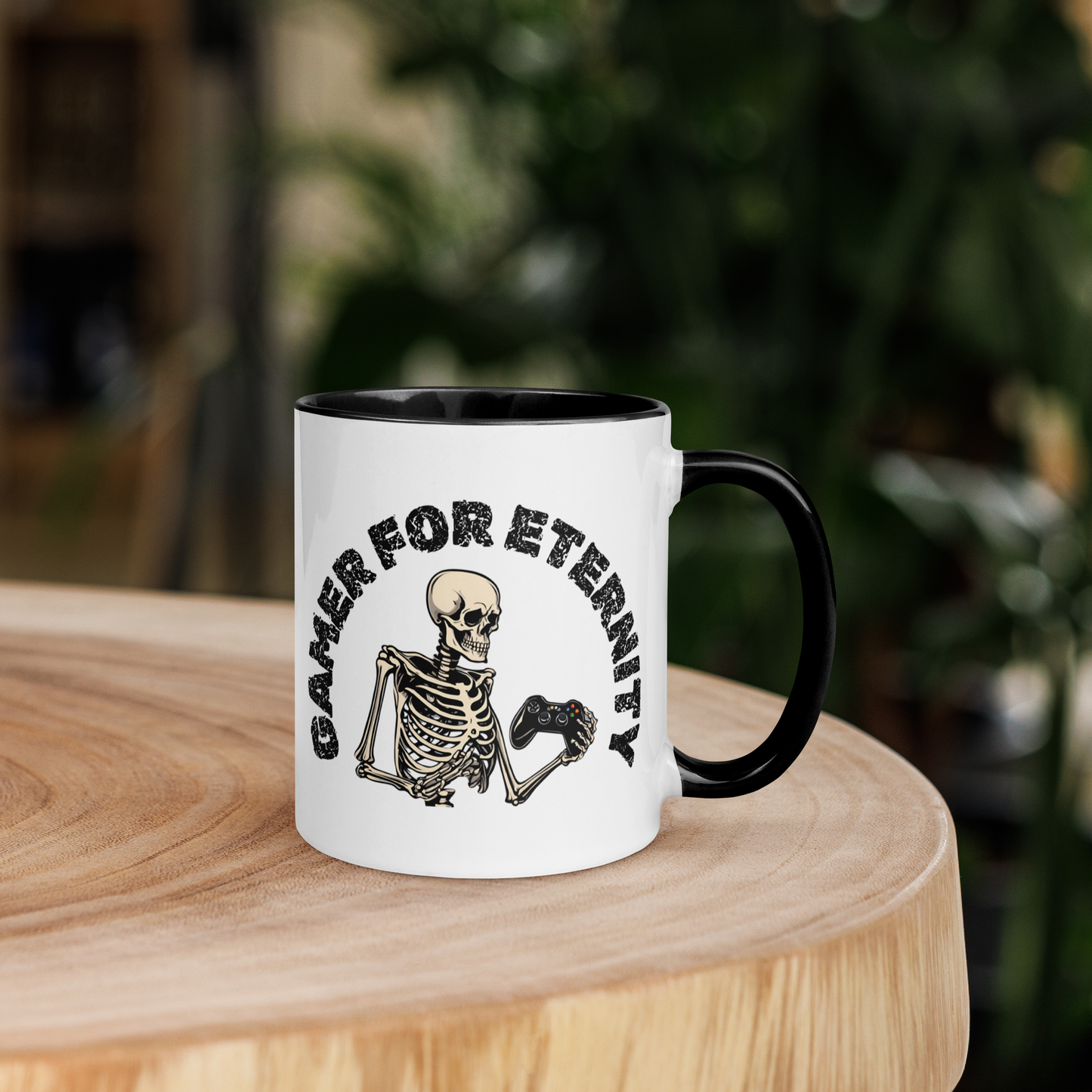 Skeleton Gamer for Eternity Logo on a White Mug with Black handle and Black inside