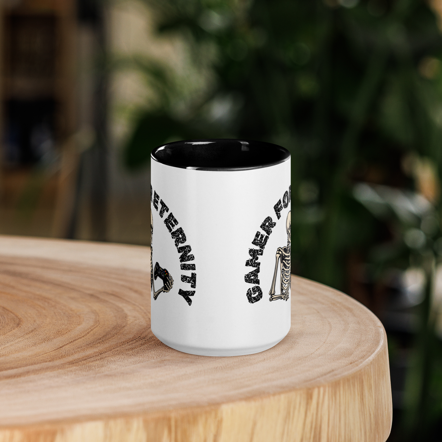 Skeleton Gamer for Eternity Logo on a White Mug with Black handle and Black inside