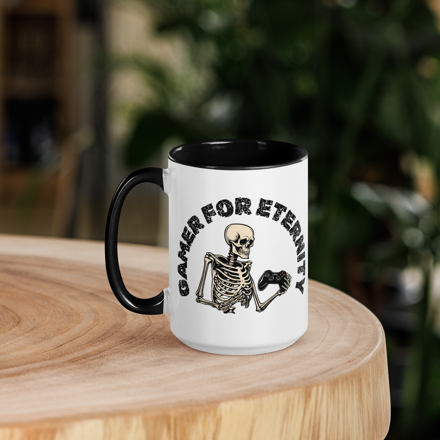 Skeleton Gamer for Eternity Logo on a White Mug with Black handle and Black inside