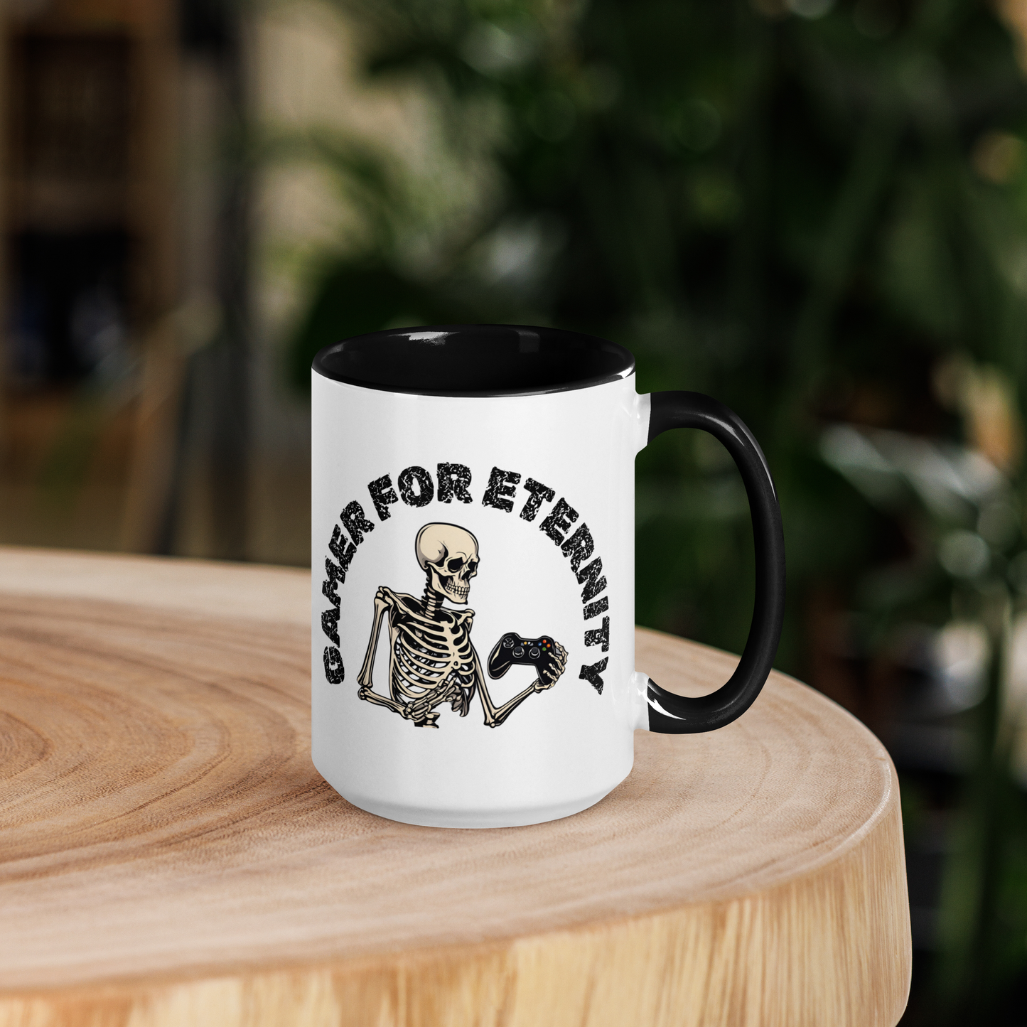 Skeleton Gamer for Eternity Logo on a White Mug with Black handle and Black inside