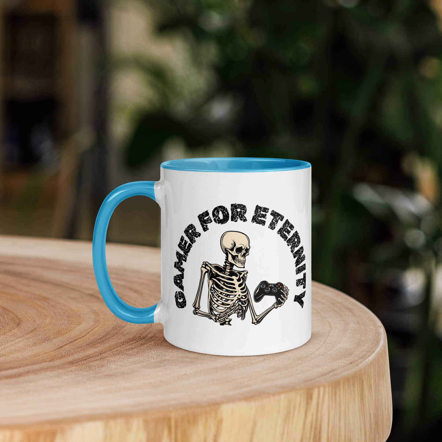 Skeleton Gamer for Eternity Logo on a White Mug with Blue handle and Blue inside