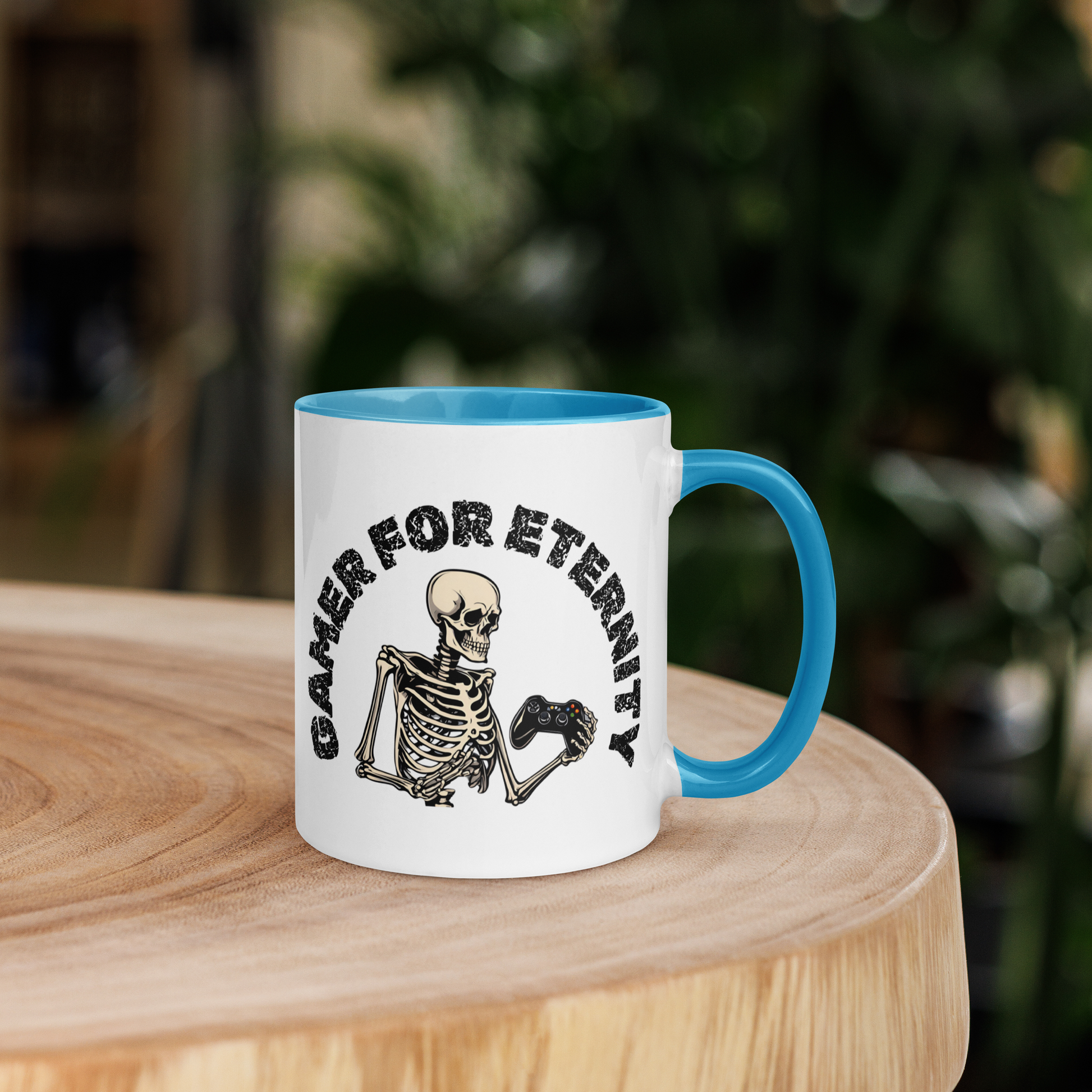 Skeleton Gamer for Eternity Logo on a White Mug with Blue handle and Blue inside