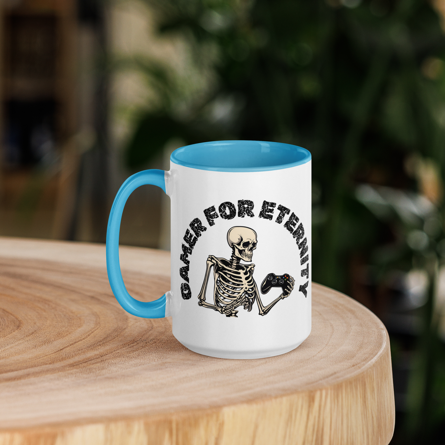 Skeleton Gamer for Eternity Logo on a White Mug with Light Blue handle and Light Blue inside