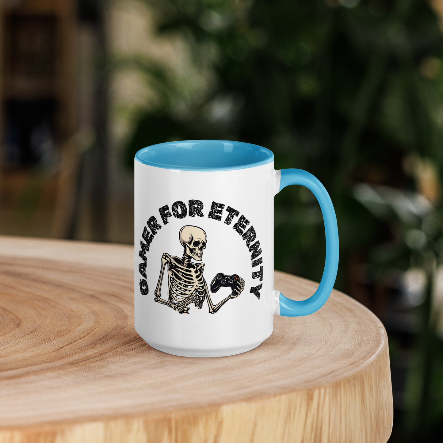 Skeleton Gamer for Eternity Logo on a White Mug with Light Blue handle and Light Blue inside