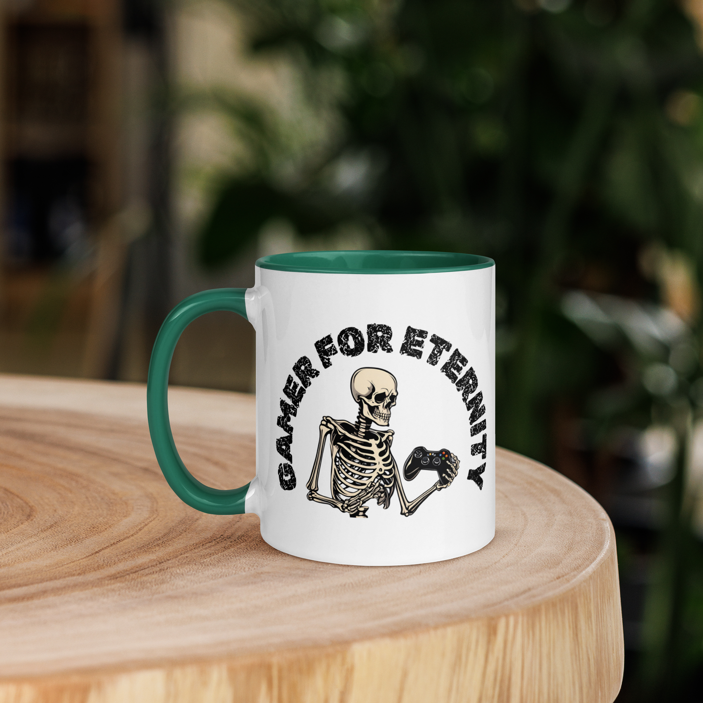 Skeleton Gamer for Eternity Logo on a White Mug with Green handle and Green inside