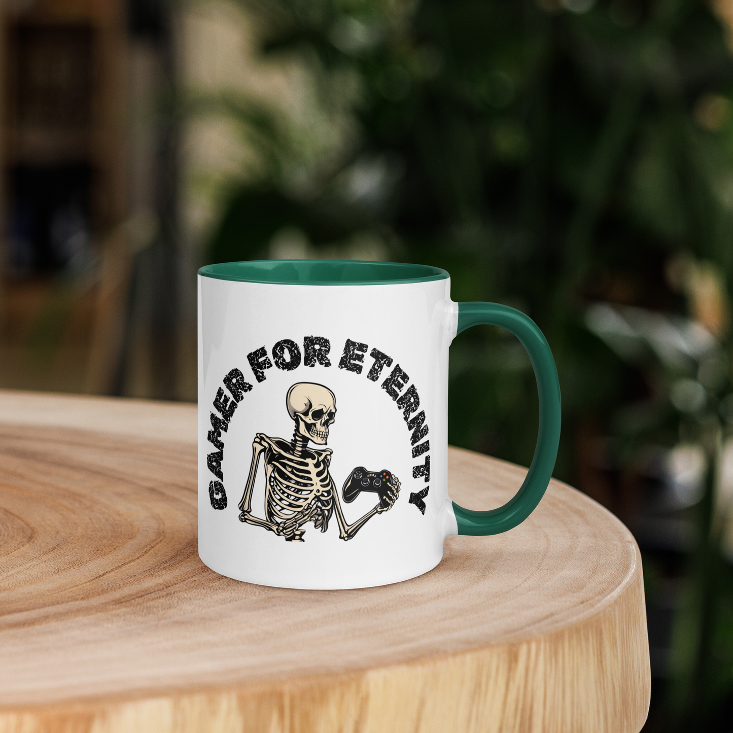 Skeleton Gamer for Eternity Logo on a White Mug with Green handle and Green inside