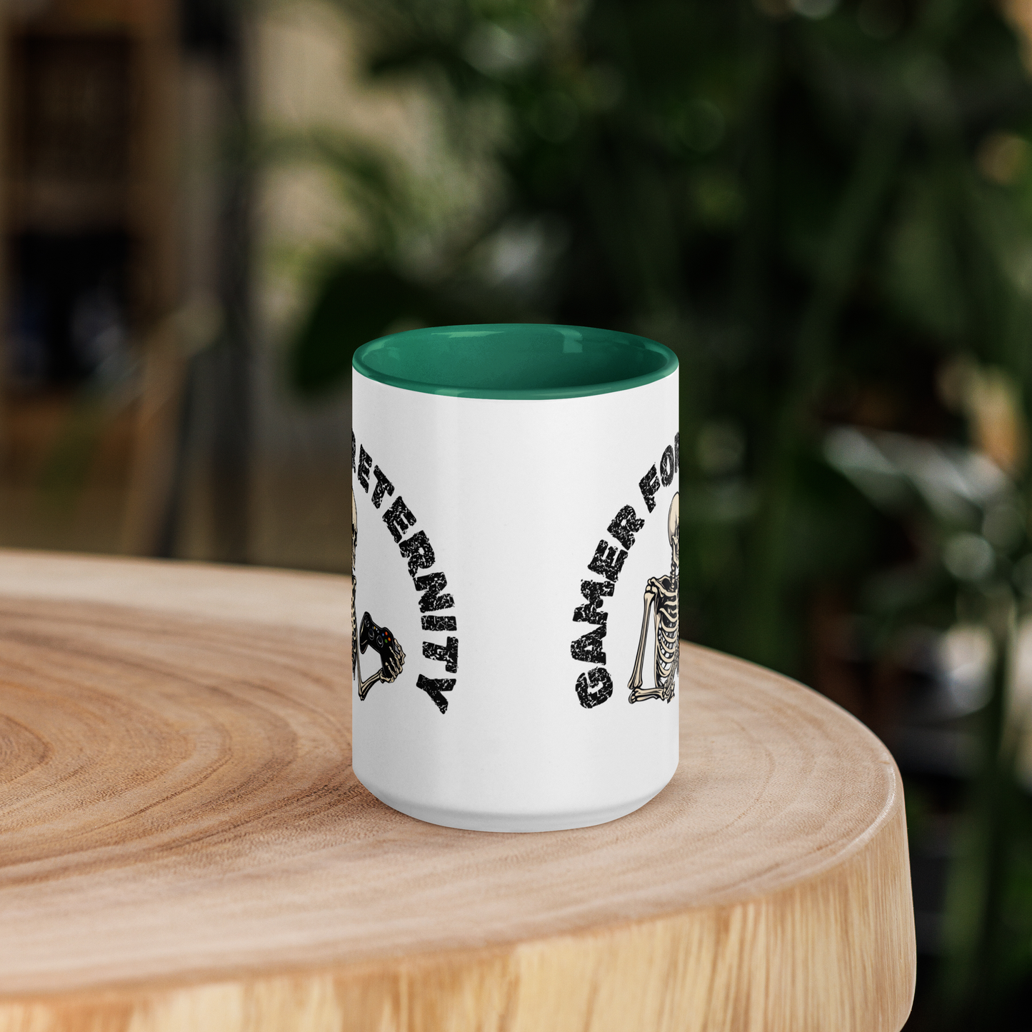 Skeleton Gamer for Eternity Logo on a White Mug with Green handle and Green inside