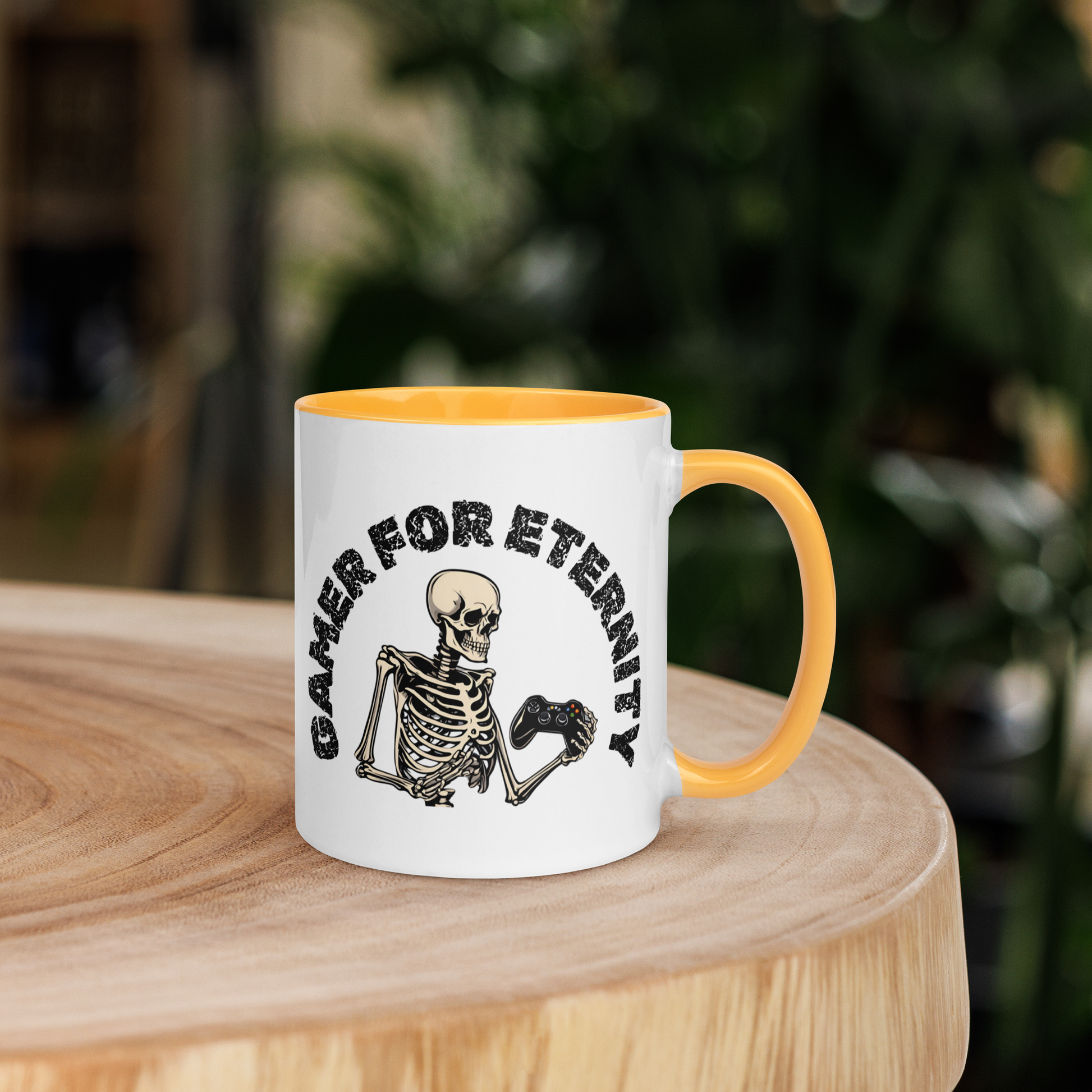 Skeleton Gamer for Eternity Logo on a White Mug with Yellow handle and Yellow inside