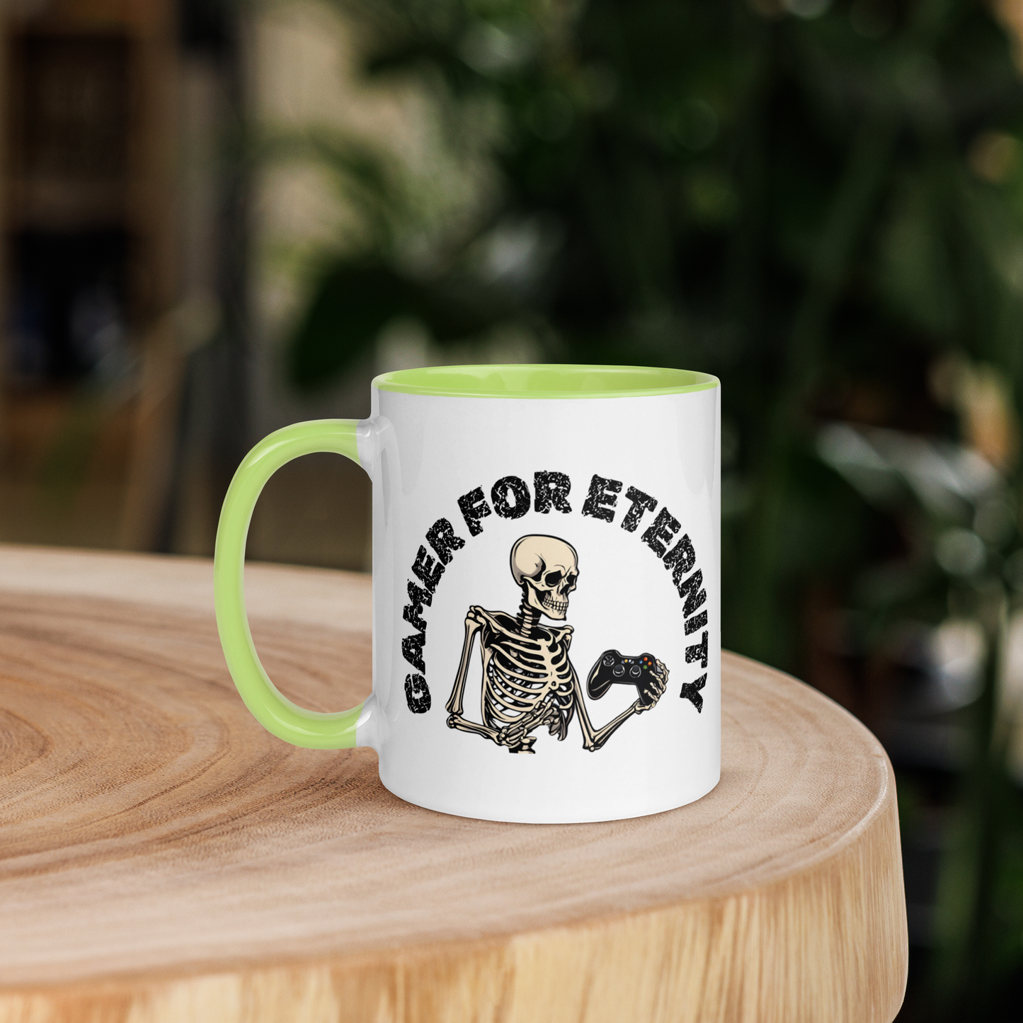 Skeleton Gamer for Eternity Logo on a White Mug with Lime Green handle and Lime Green inside