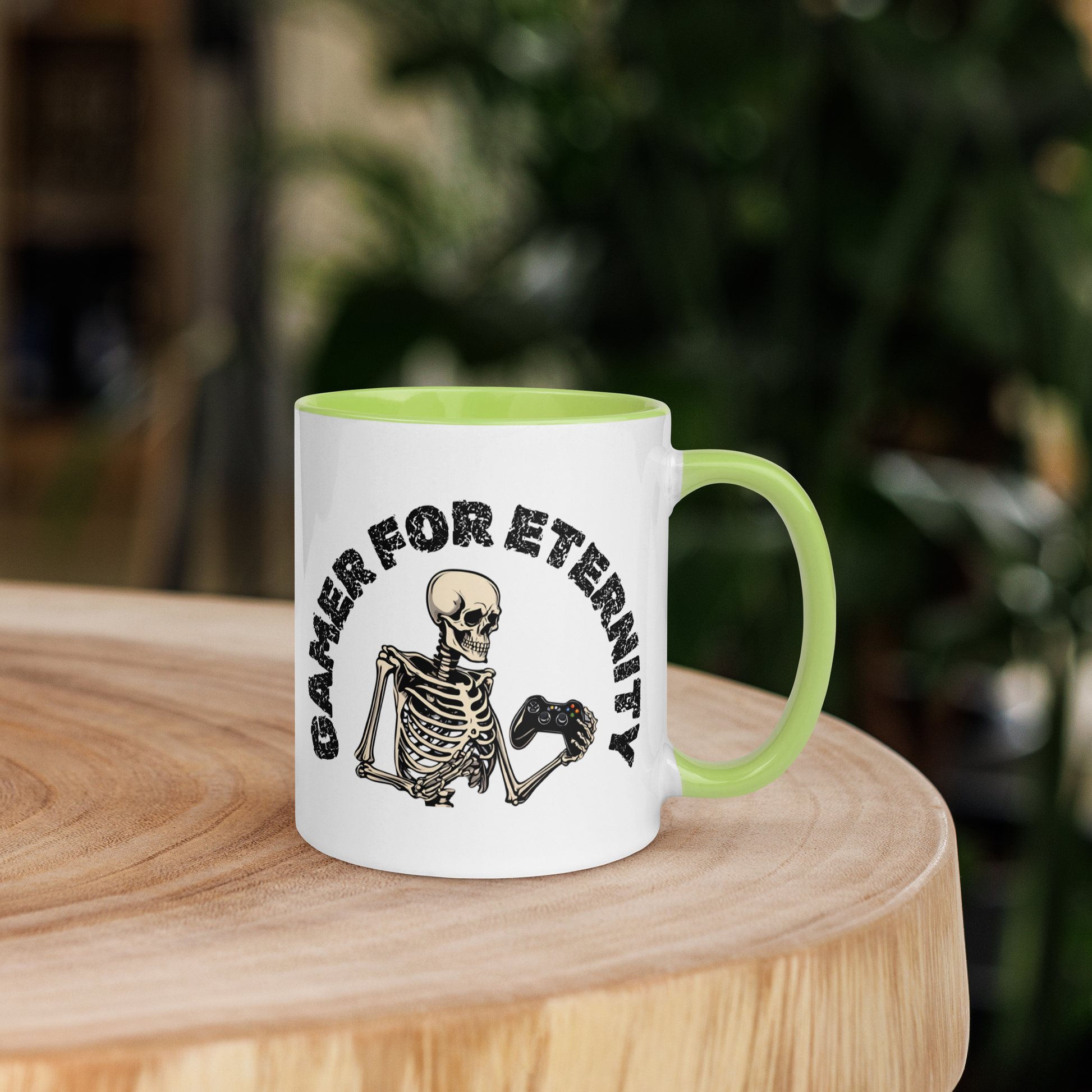 Skeleton Gamer for Eternity Logo on a White Mug with Lime Green handle and Lime Green inside