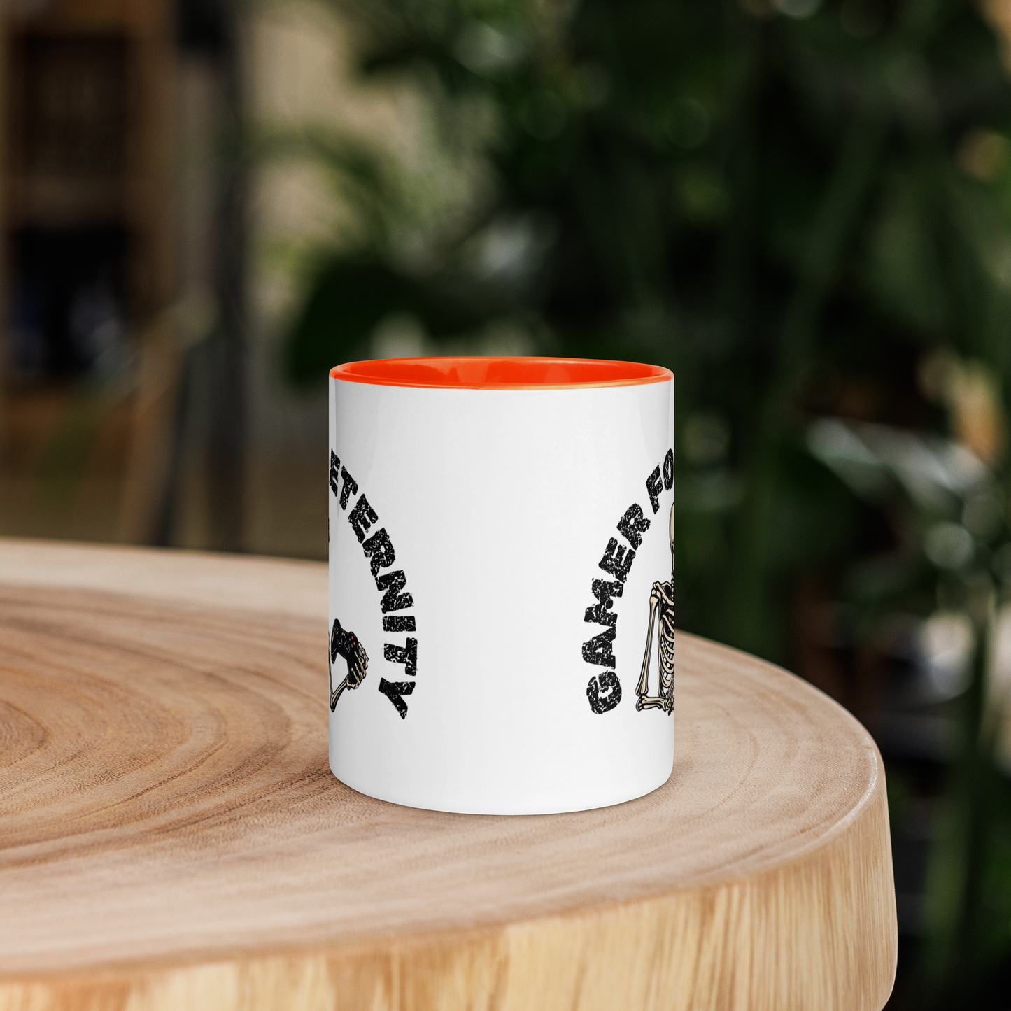 Skeleton Gamer for Eternity Logo on a White Mug with Orange handle and Orange inside