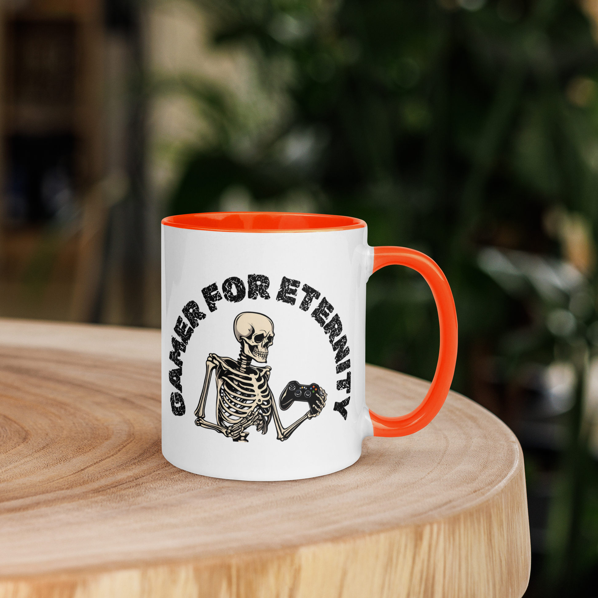 Skeleton Gamer for Eternity Logo on a White Mug with Orange handle and Orange inside