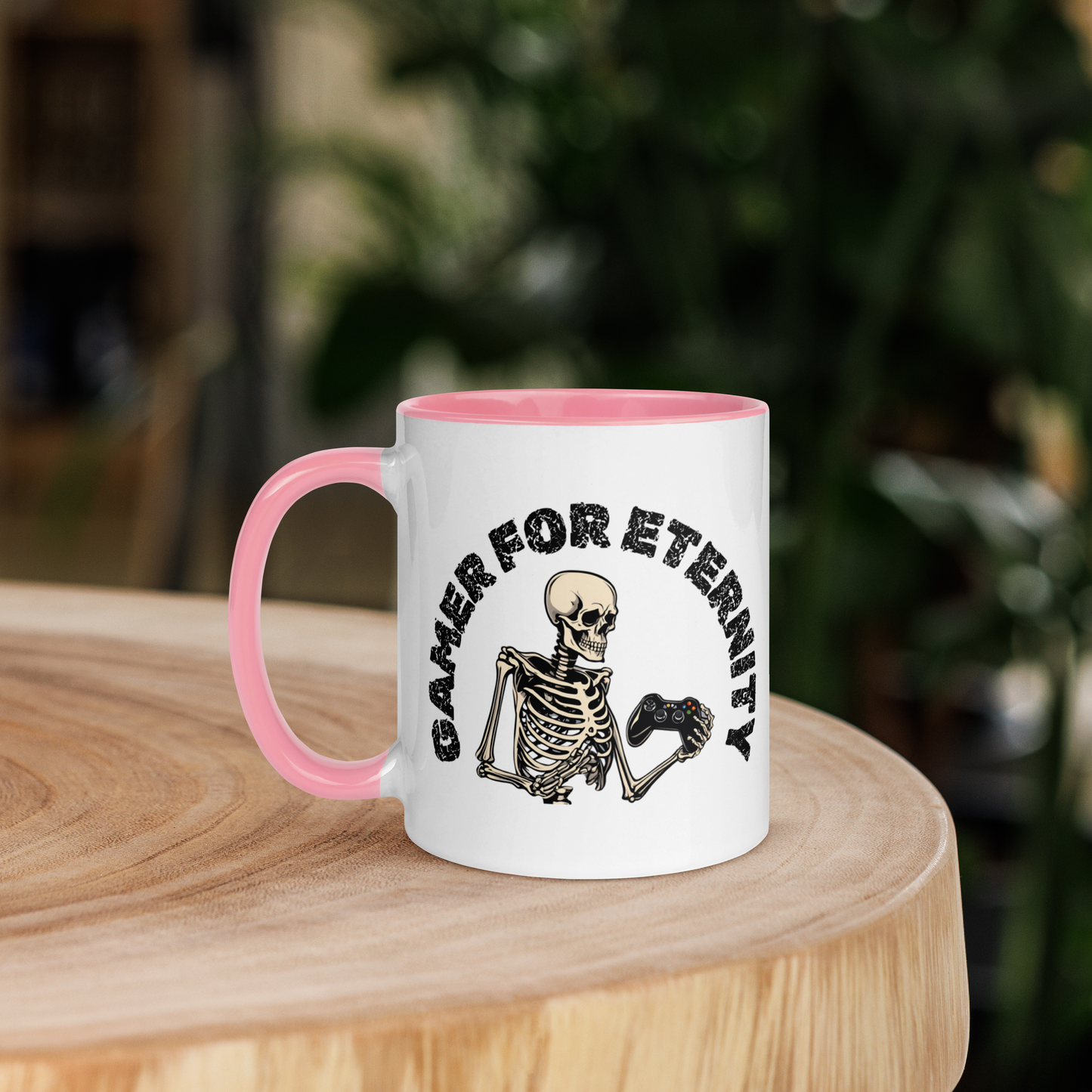 Skeleton Gamer for Eternity Logo on a White Mug with Pink handle and Pink inside