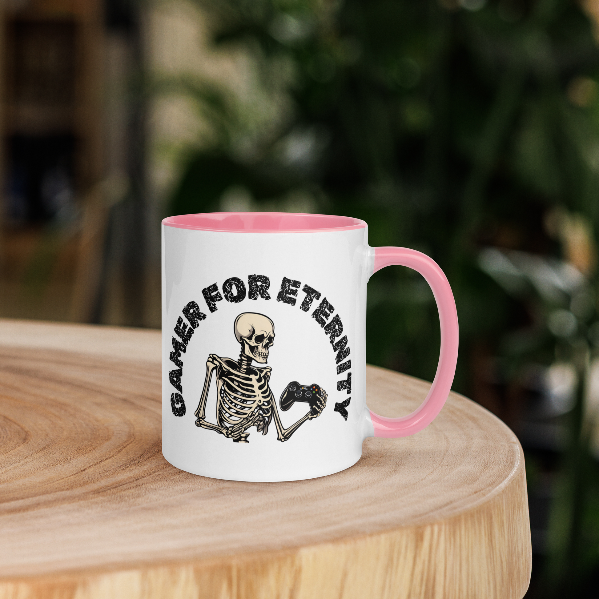 Skeleton Gamer for Eternity Logo on a White Mug with Pink handle and Pink inside