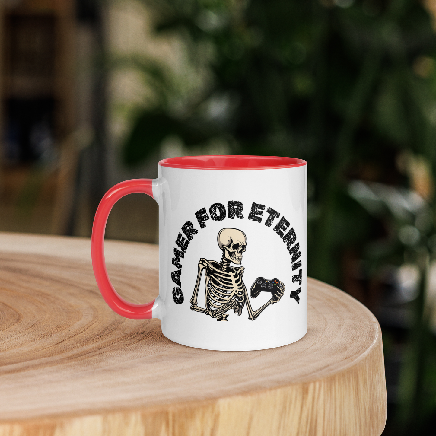 Skeleton Gamer for Eternity Logo on a White Mug with Red handle and Red inside