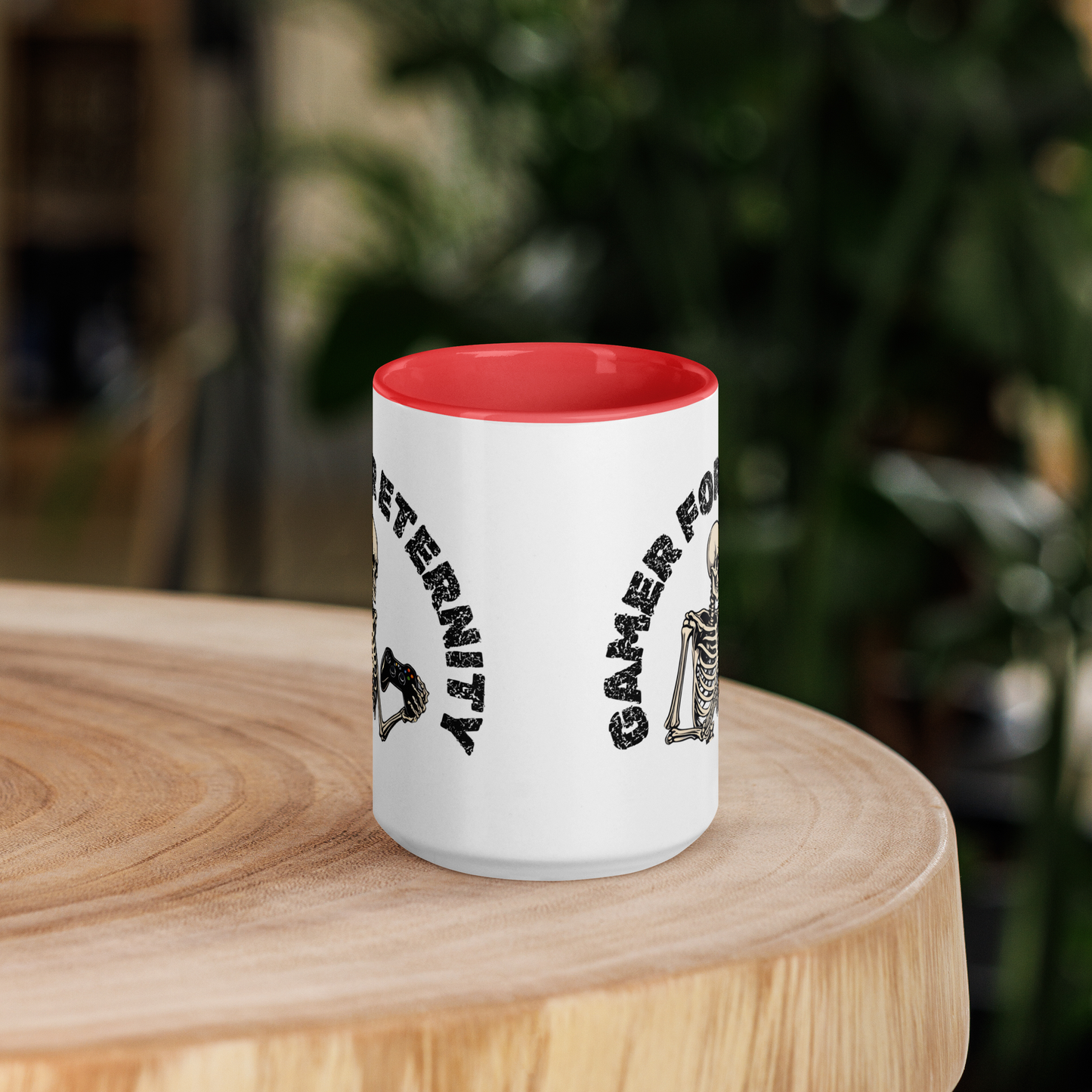 Skeleton Gamer for Eternity Logo on a White Mug with Red handle and Red inside