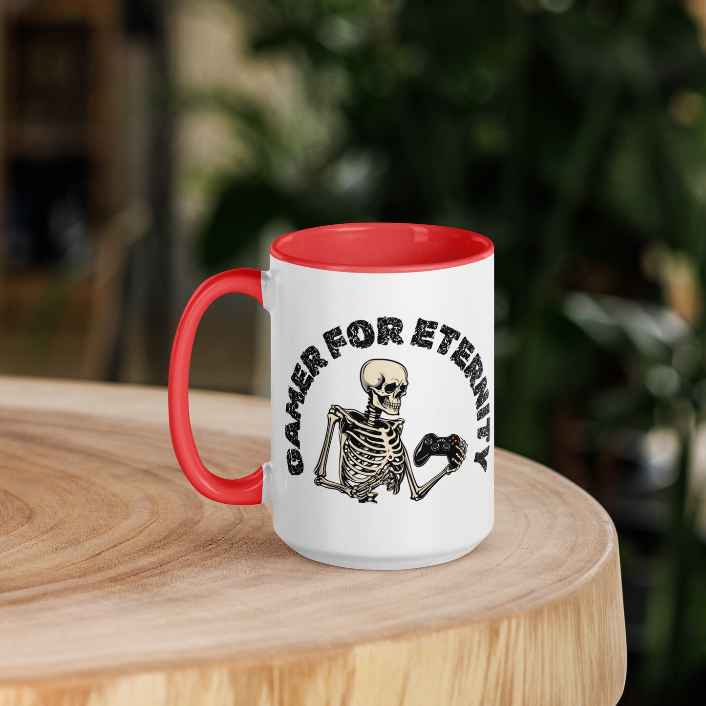 Skeleton Gamer for Eternity Logo on a White Mug with Red handle and Red inside