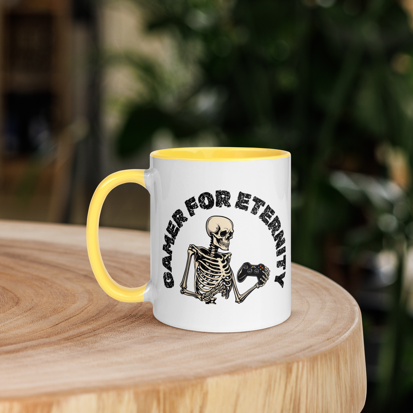 Skeleton Gamer for Eternity Logo on a White Mug with Yellow handle and Yellow inside